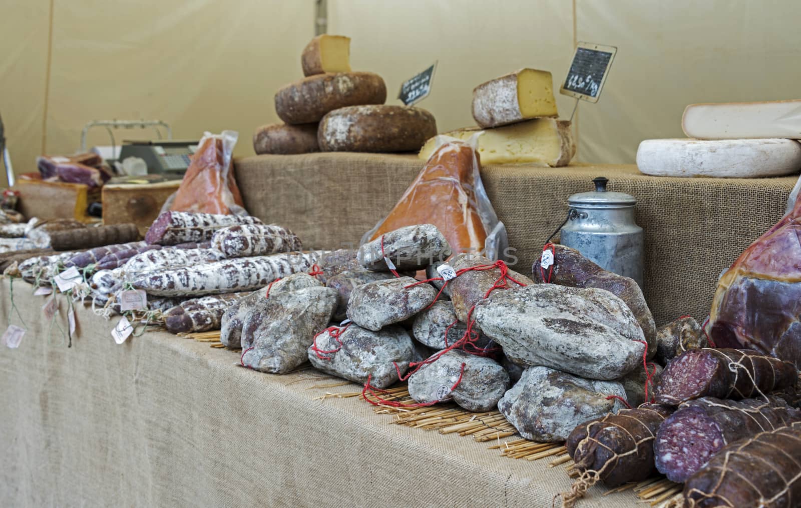 meat and cheese on belgium market in the place bouillon