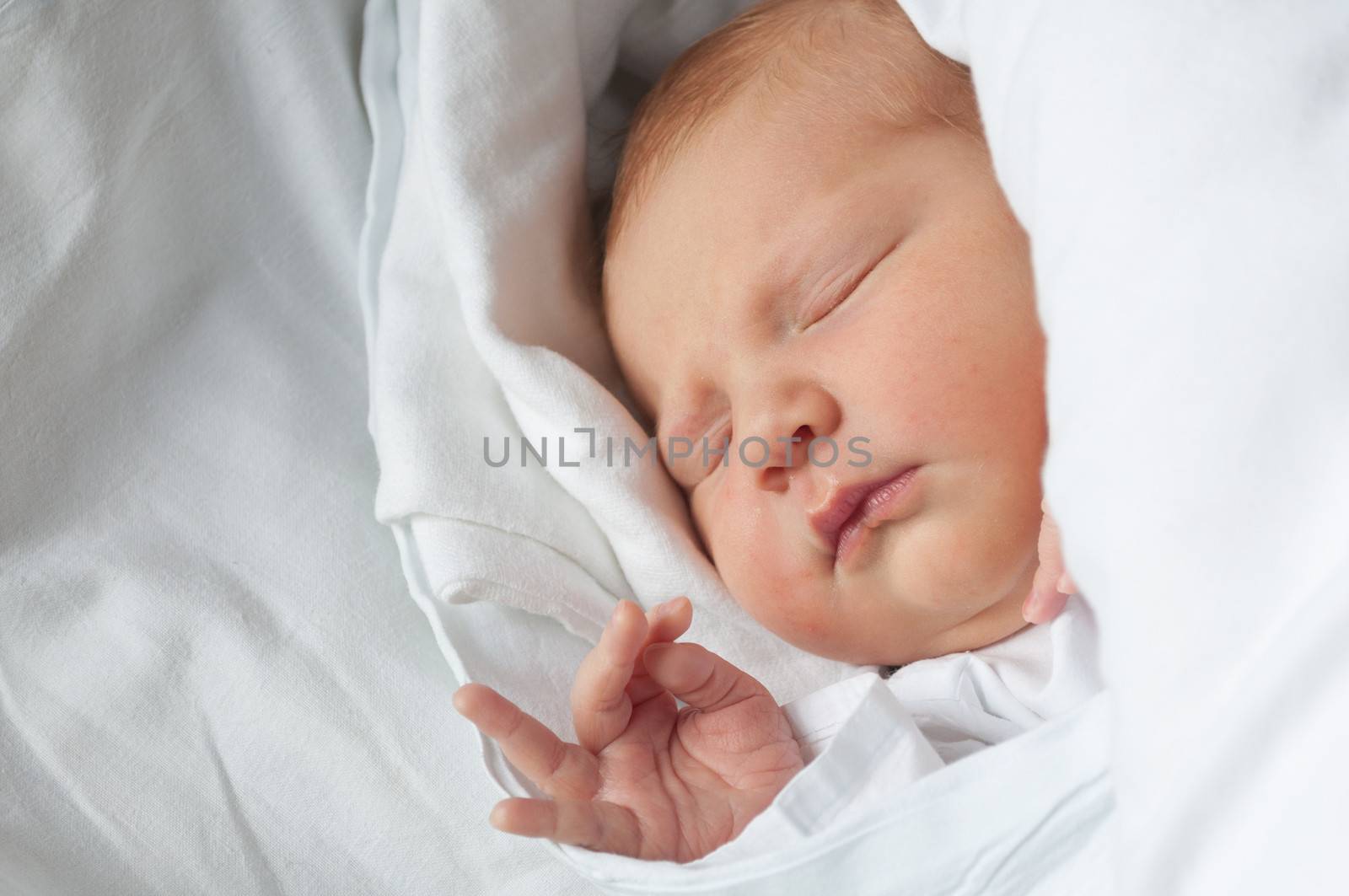 Closeup of Sleeping Newborn Baby in Swaddling Blanket