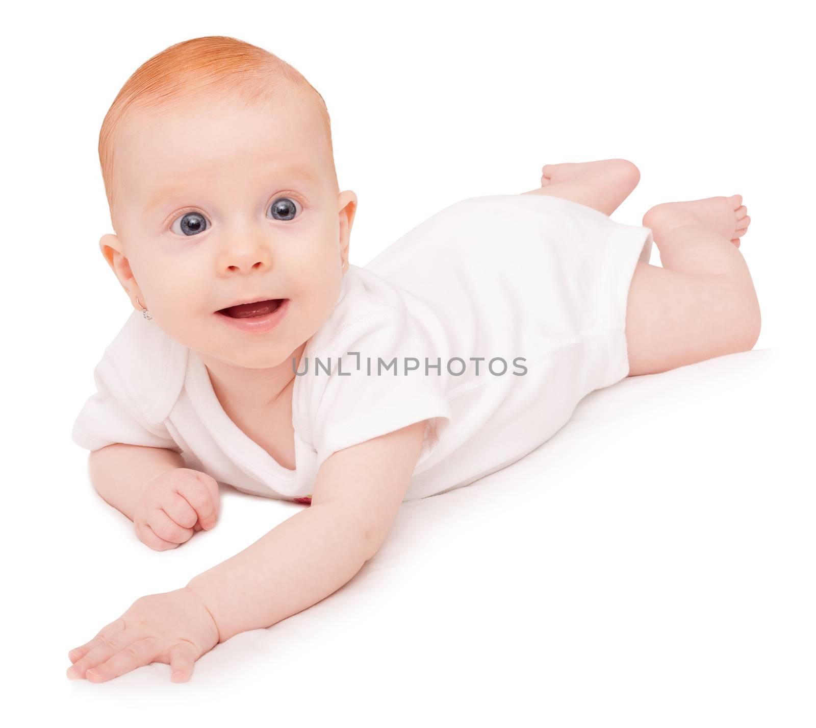 Cute Baby Girl Lying on Front on White Background