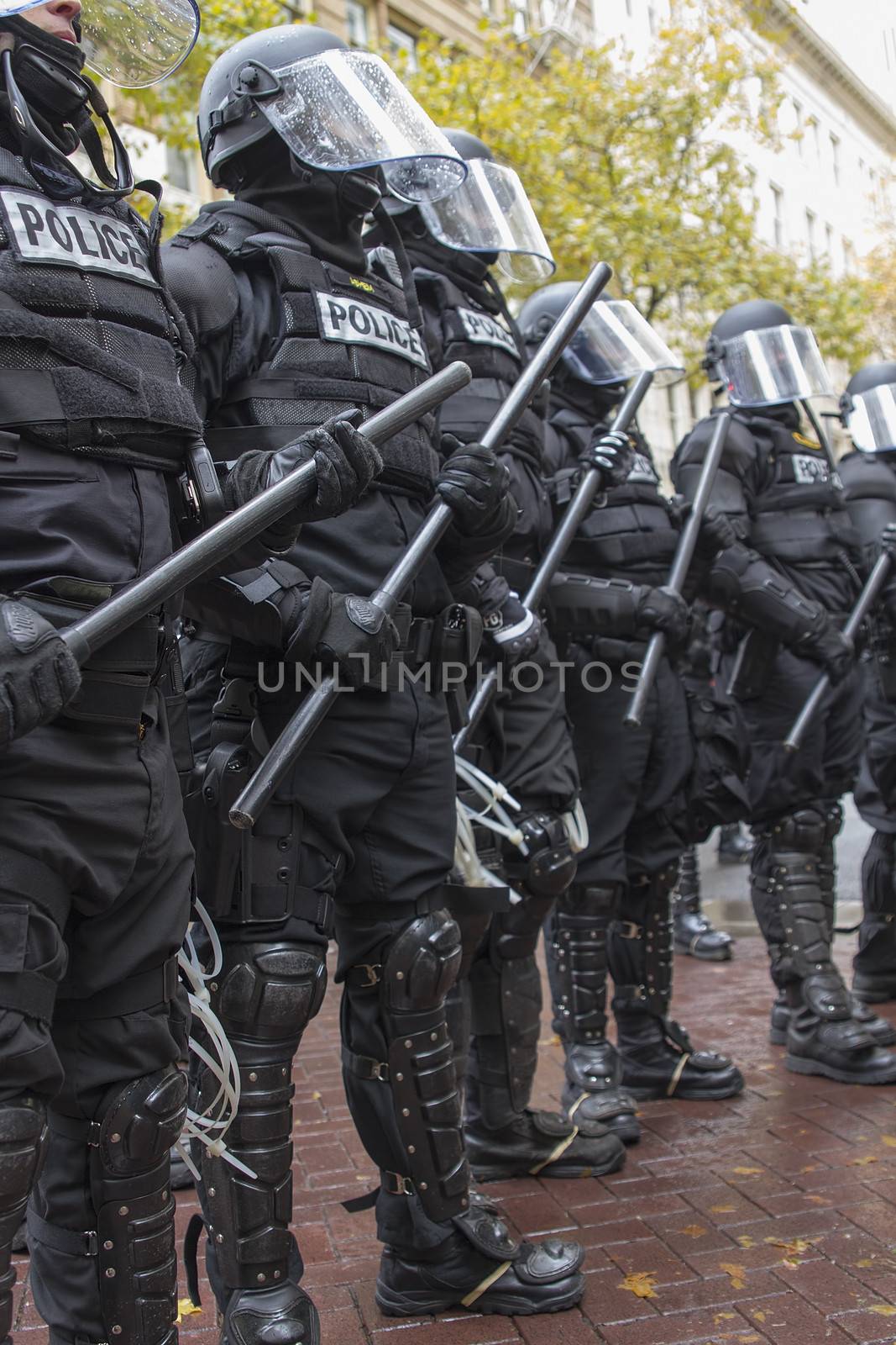 PORTLAND, OREGON - NOV 17: Police in Riot Gear Frontline in Downtown Portland, Oregon during a Occupy Portland protest on the first anniversary of Occupy Wall Street November 17, 2011