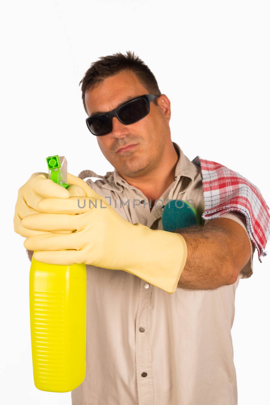 Spanish male cleaning his house