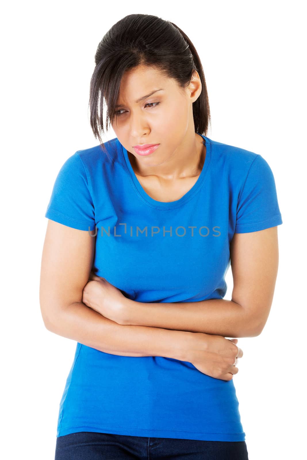 Young woman with stomach issues,isolated on white
