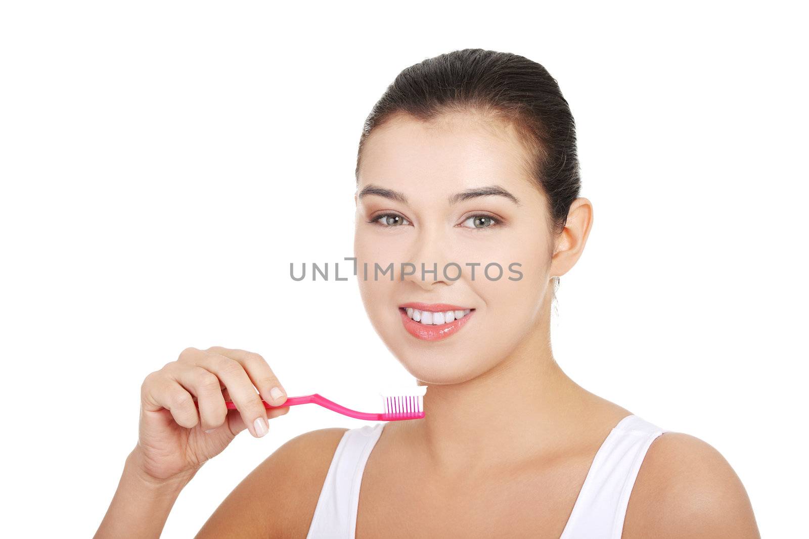 Woman with great teeth holding tooth-brush, isolated