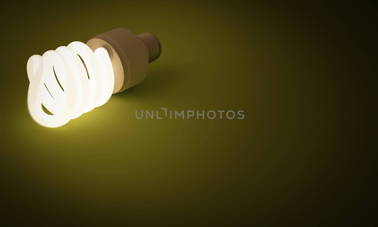 A lit spiral energy saving lightbulb on a green background.