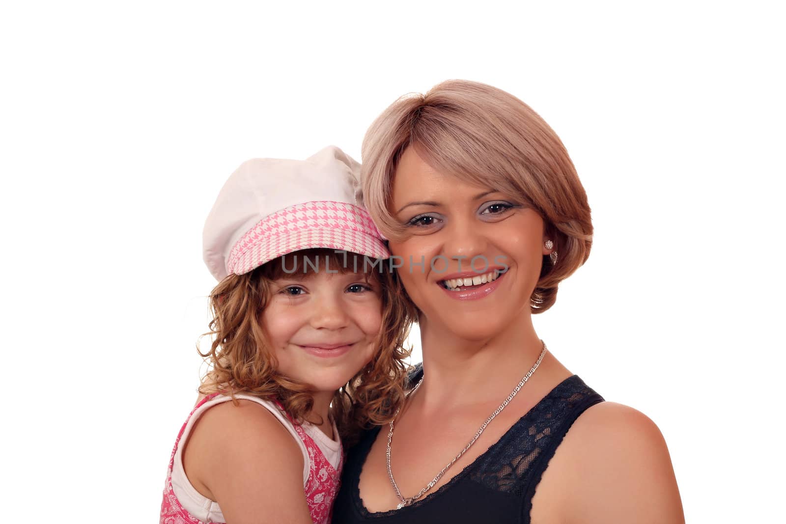 happy mother and daughter portrait on white  by goce