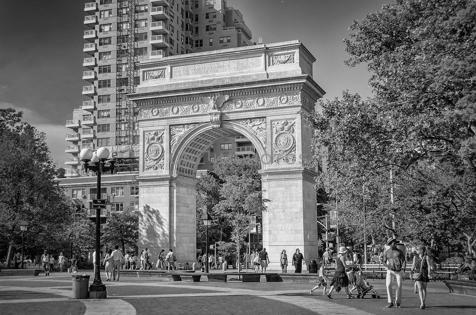 NEW YORK - JUNE 1: Washington Square Arch on June 1, 2013 in New York. The arch was built in 1892 to commemorate George Washington centennial inauguration as president. 