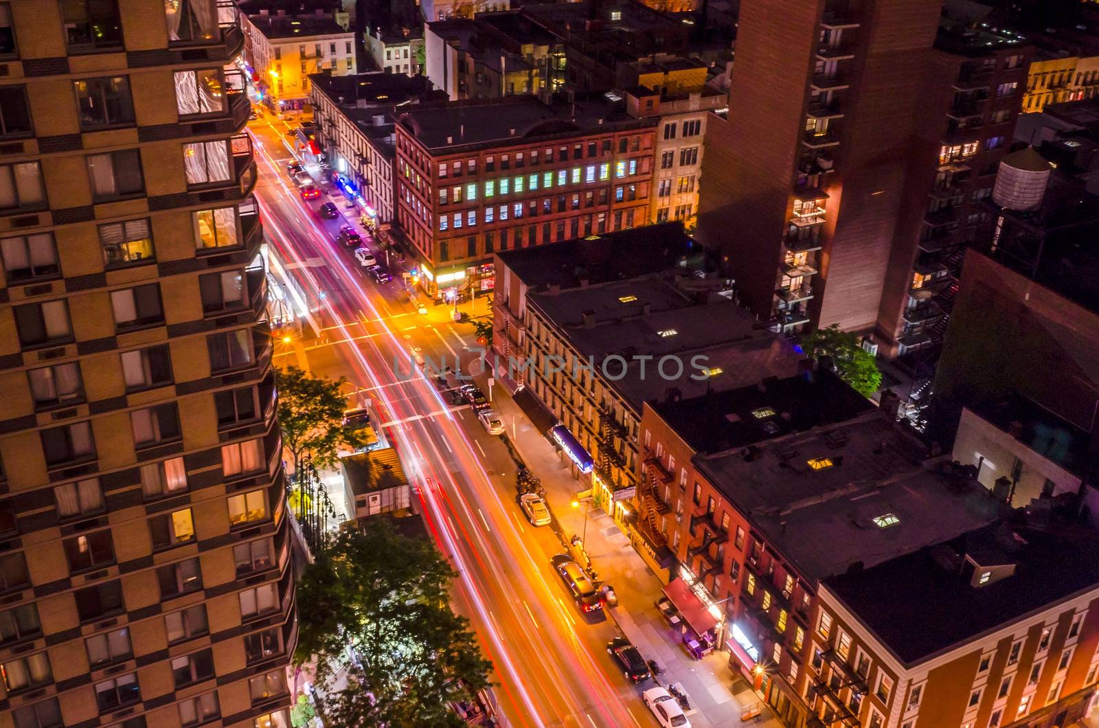 New York City, Aerial Night View of the Upper East Side, corner between 2nd Ave and 86th st