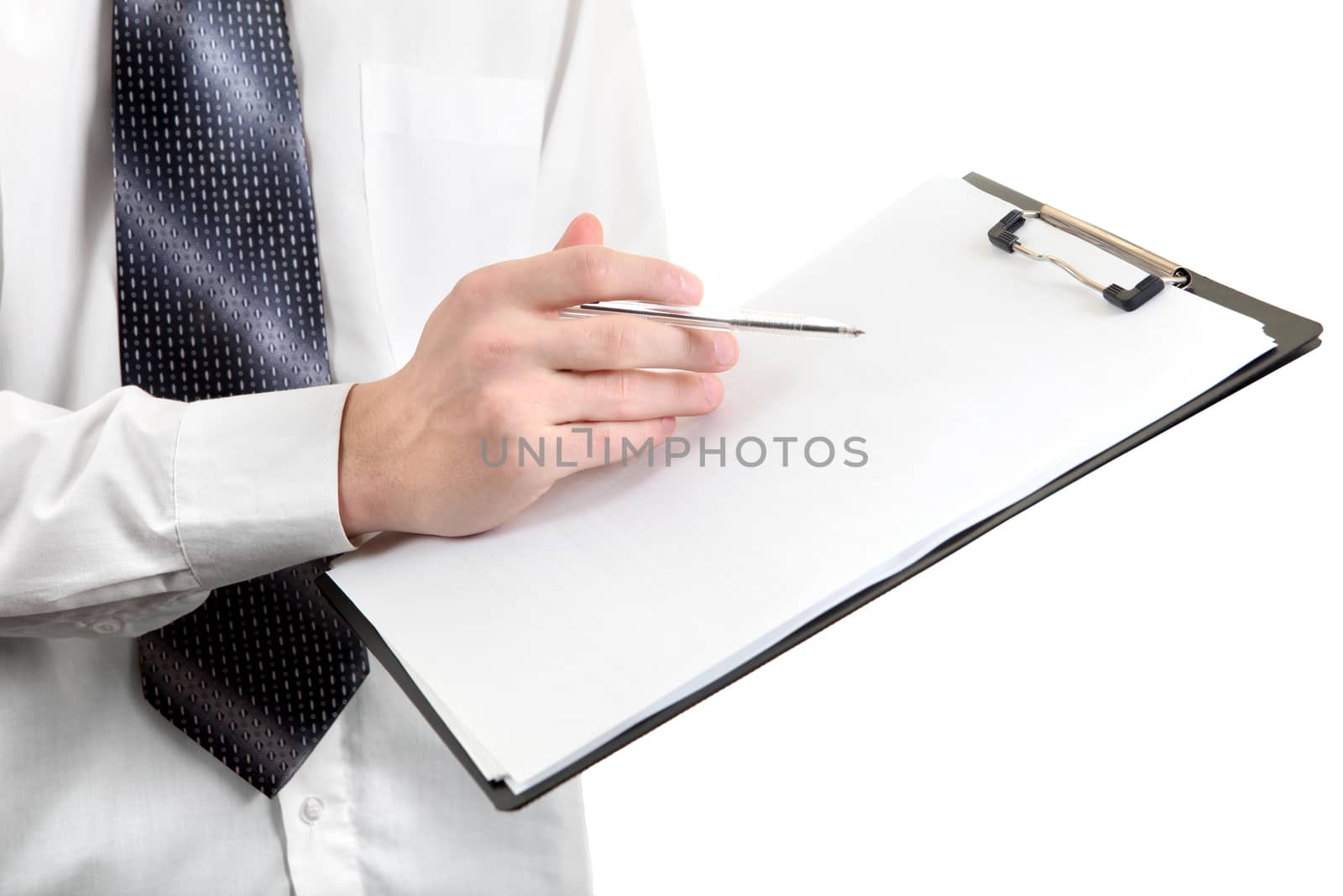 Hand of Teenager on Clipboard Closeup Isolated on the White Background