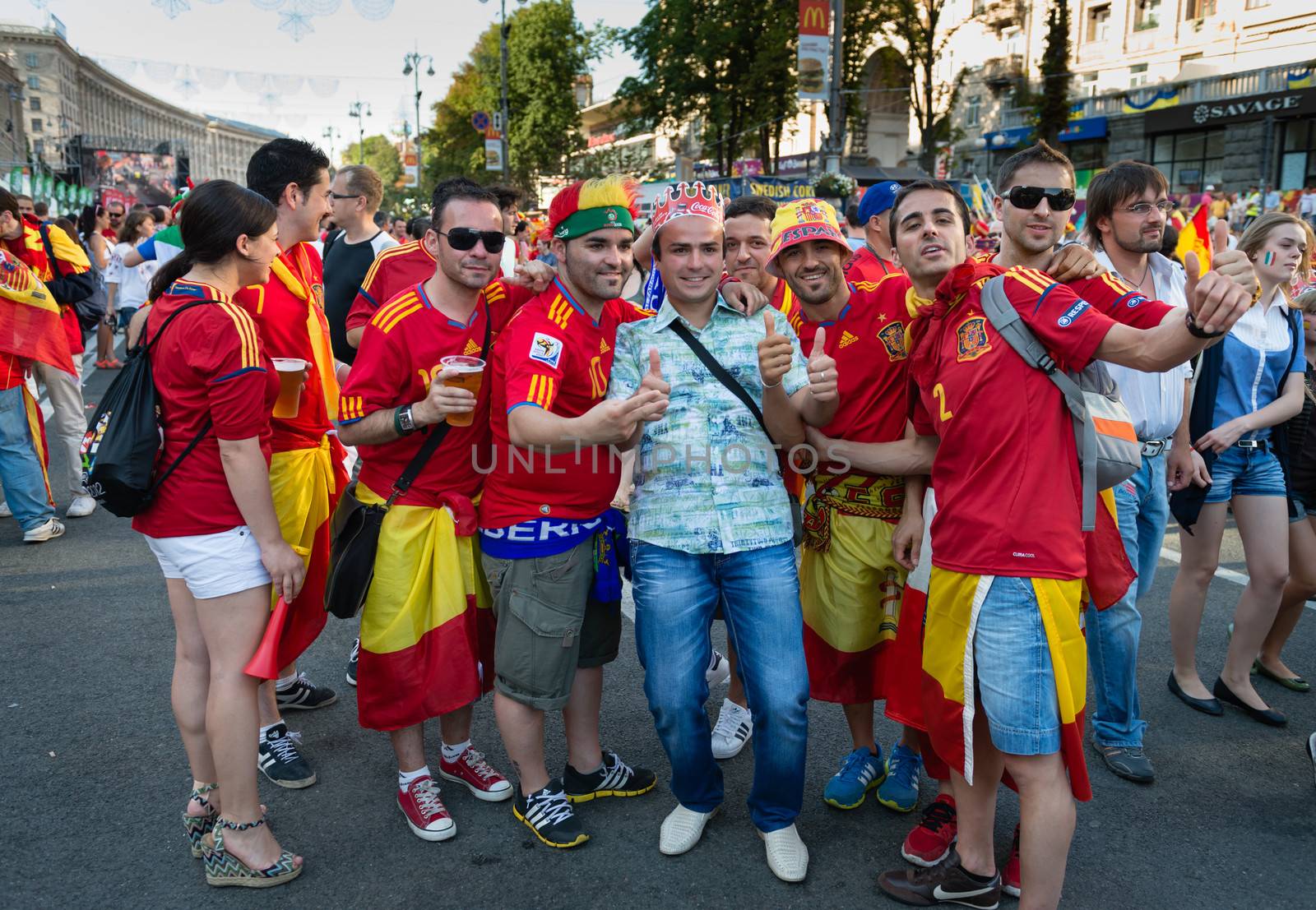 KIEV, UKRAINE - JUL 1: Spanish football fans are photographed before EURO 2012 final match Spain vs. Italy on July 1, 2012 in Kiev, Ukraine