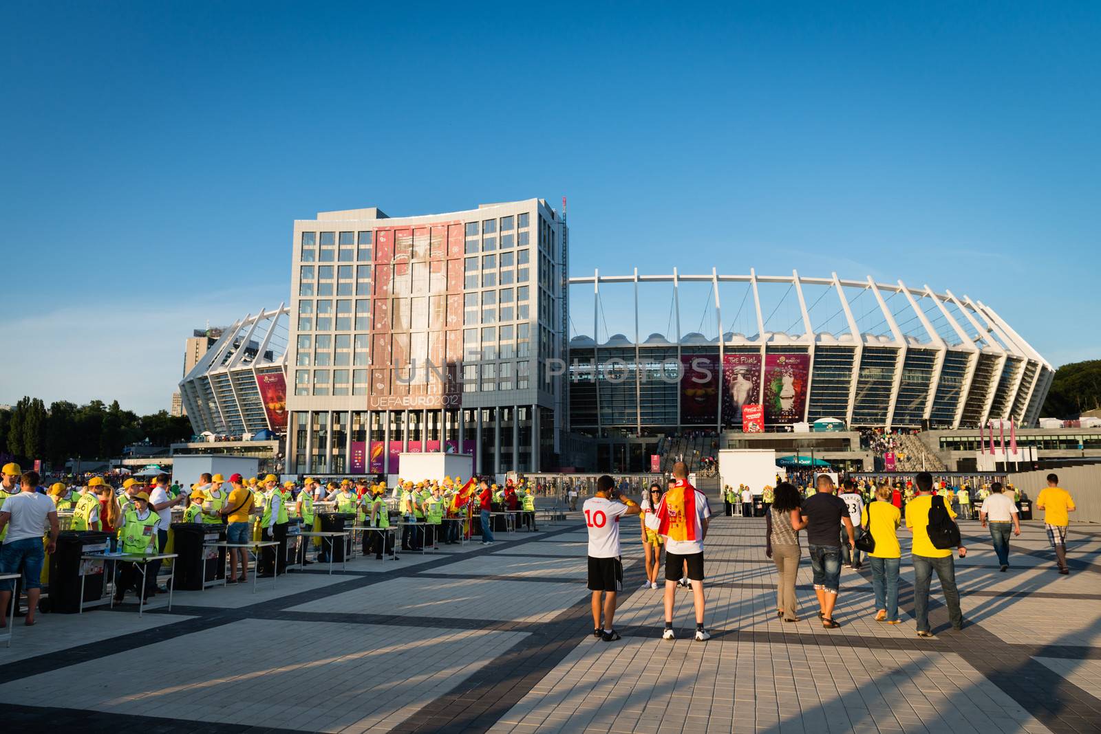 KIEV, UKRAINE - JUL 1: Olympic stadium entrance with security check points before EURO 2012 final match Spain vs. Italy on July 1, 2012 in Kiev, Ukraine