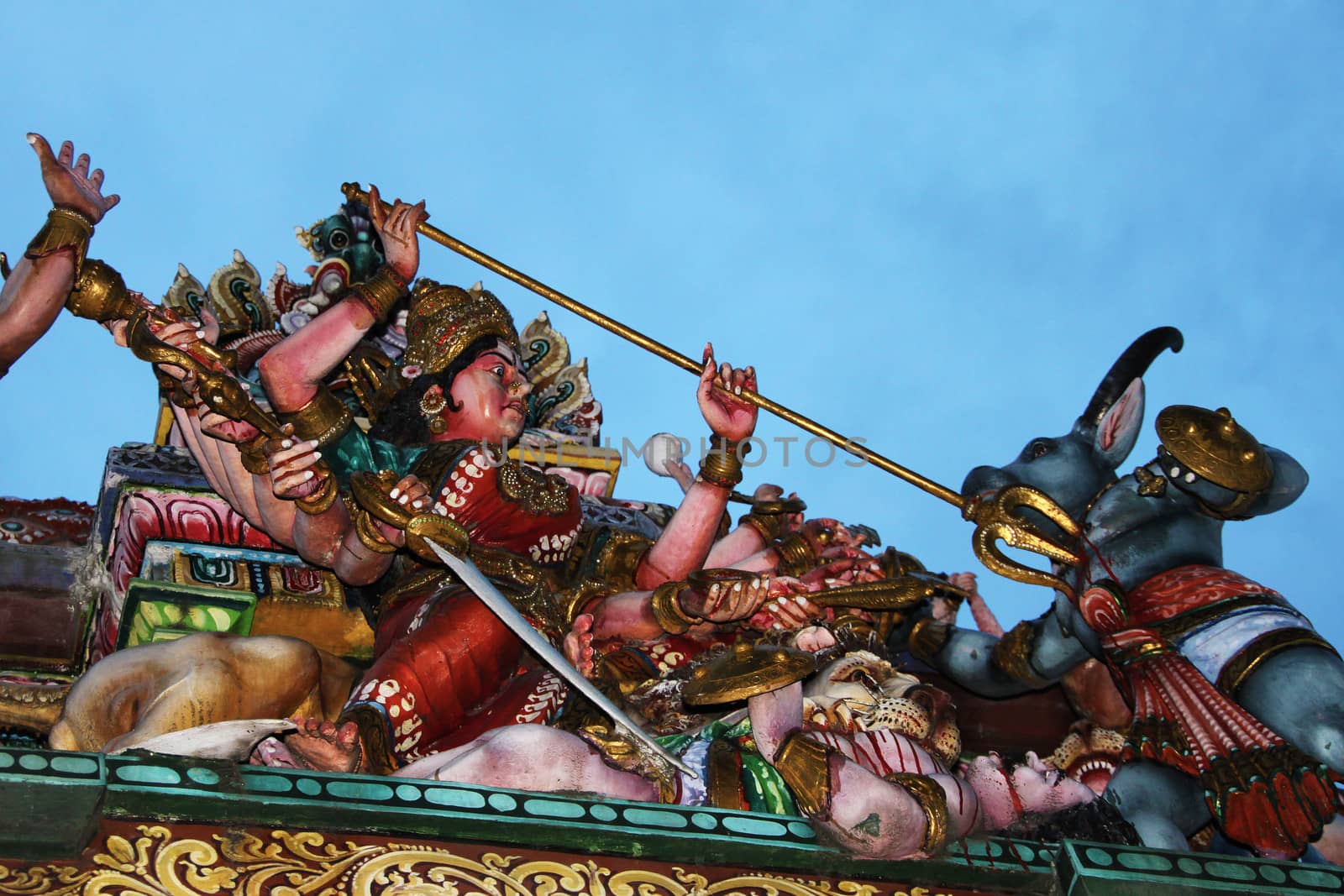 An intricate battle scene decoration of the Shree Lakshminarayan Hindu temple in Singapore