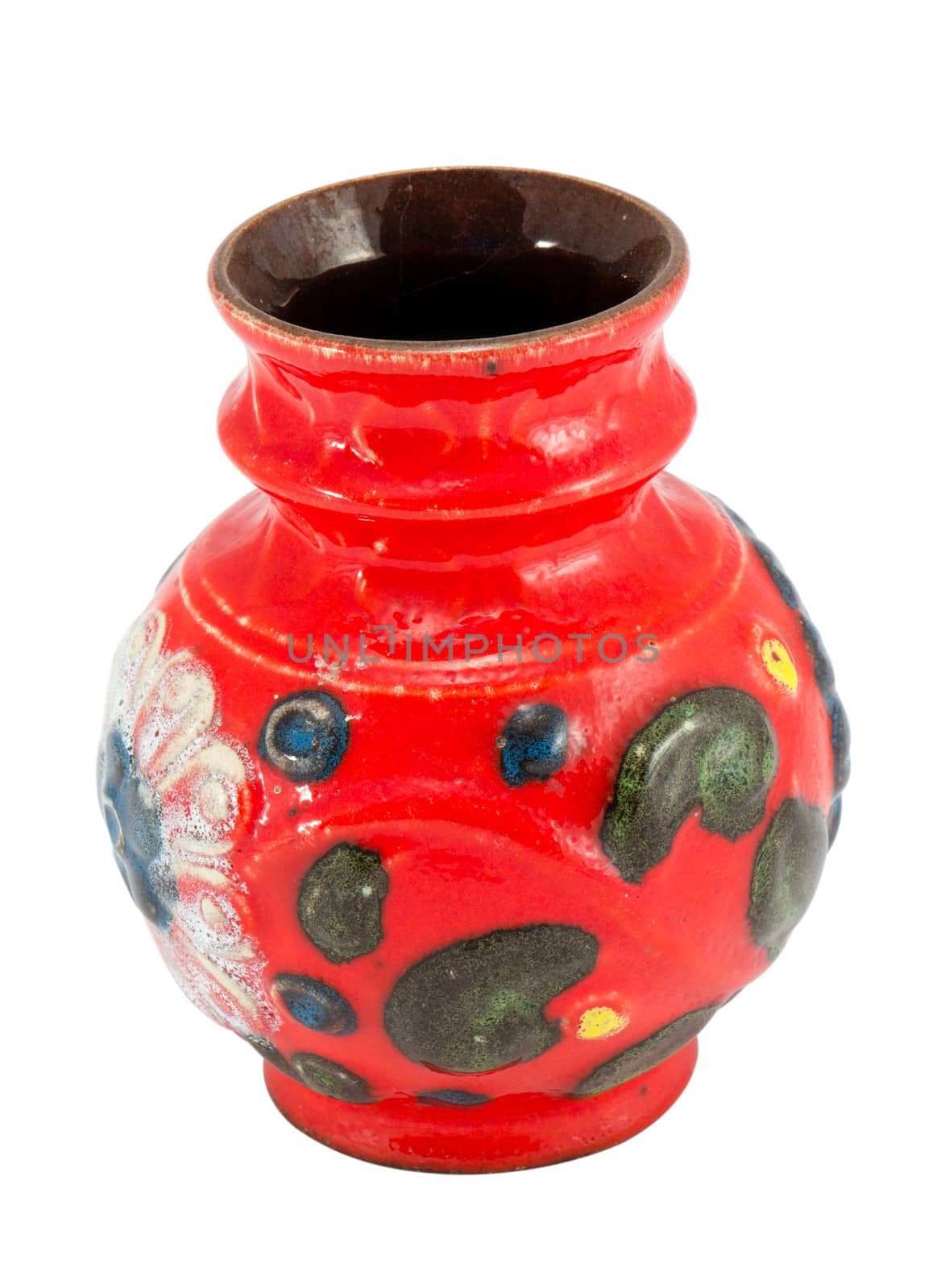 handmade colorful crockery clay ceramic vase isolated on white background.