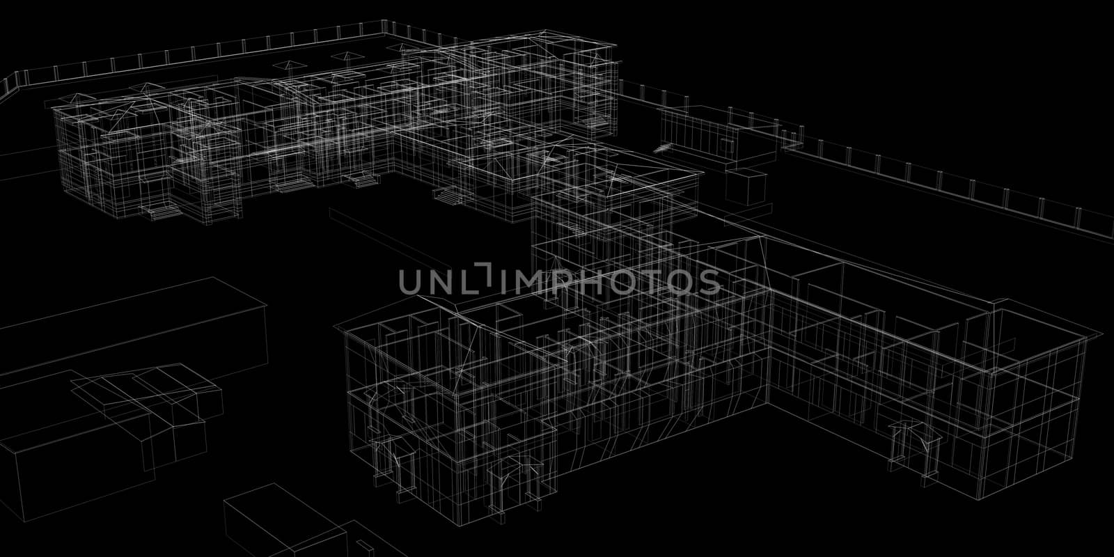 Abstract archticture. Wire-frame render on black background