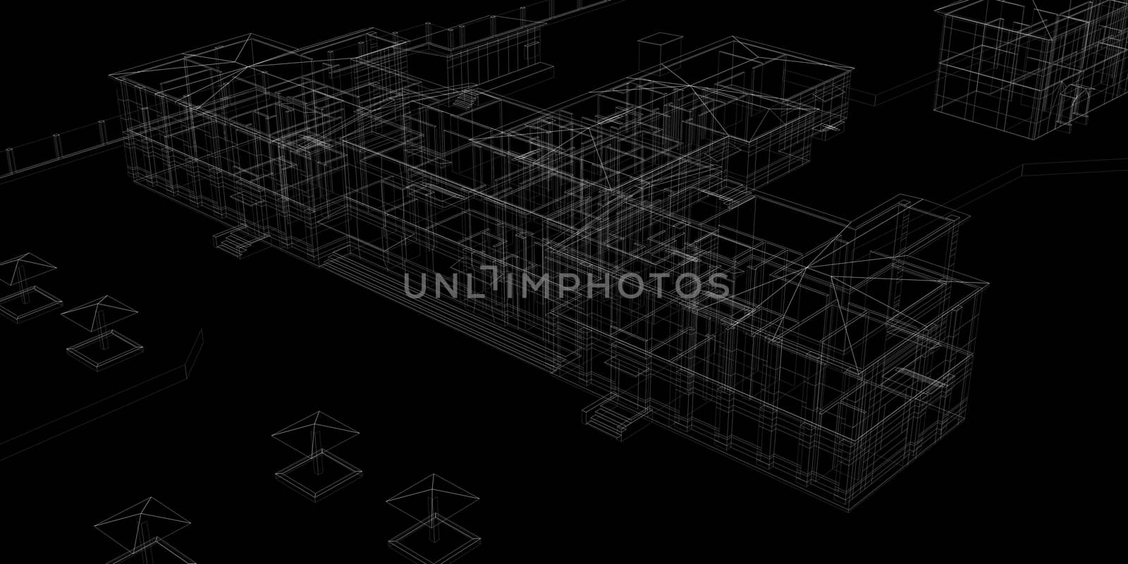 Abstract archticture. Wire-frame render on black background