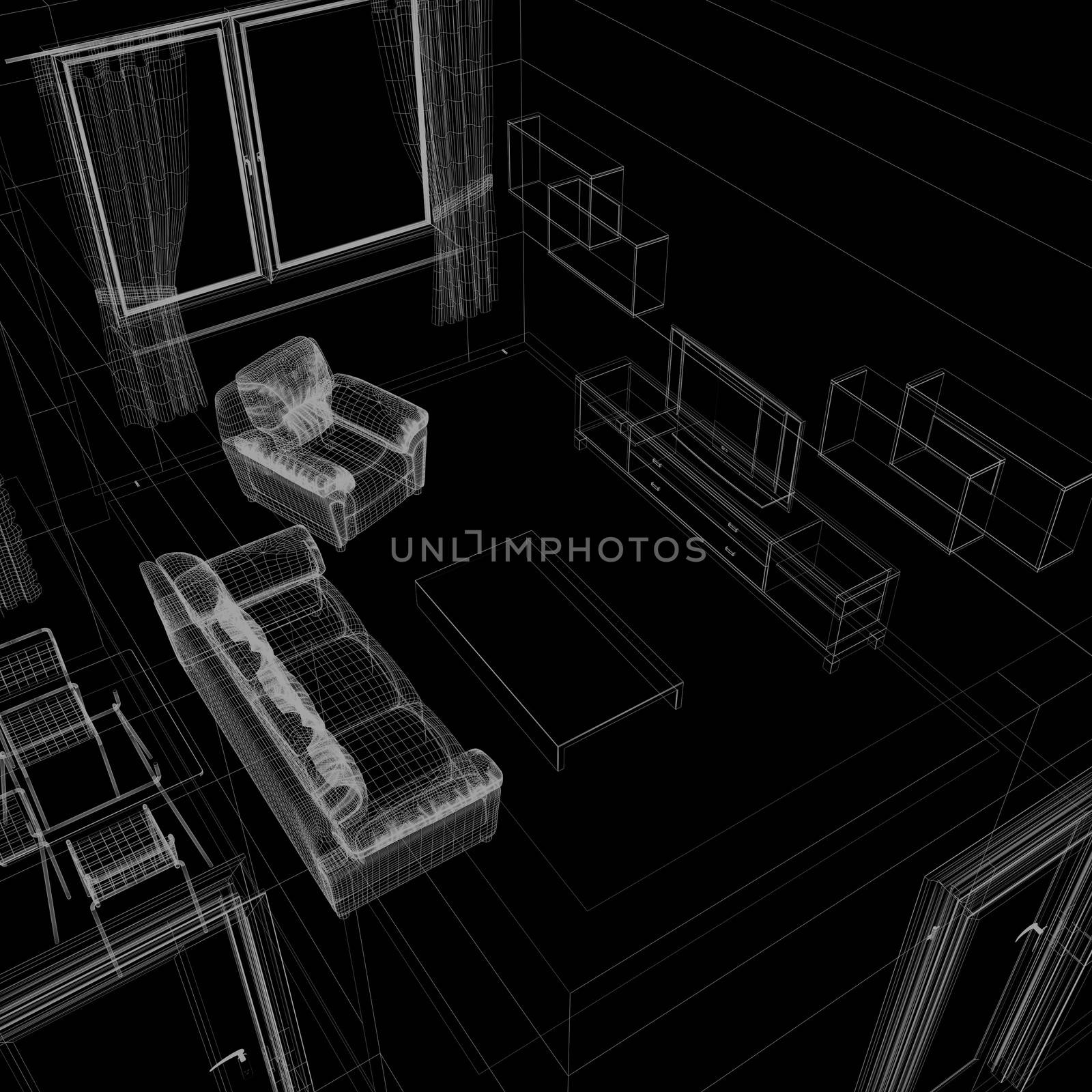 layout of the apartment. Wire-frame render on black background