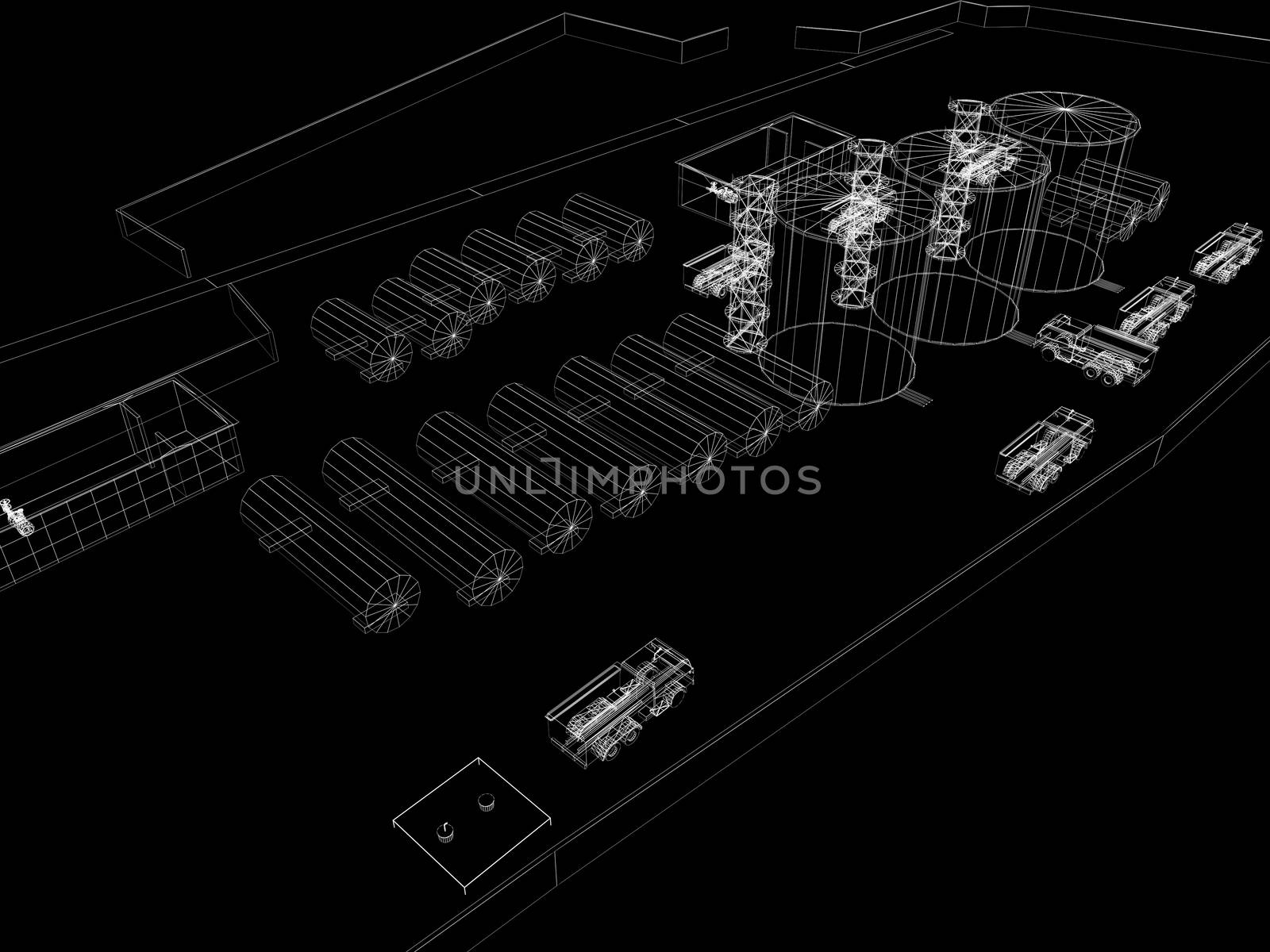 Industrial abstract architecture. Wire-frame isolated render on black background