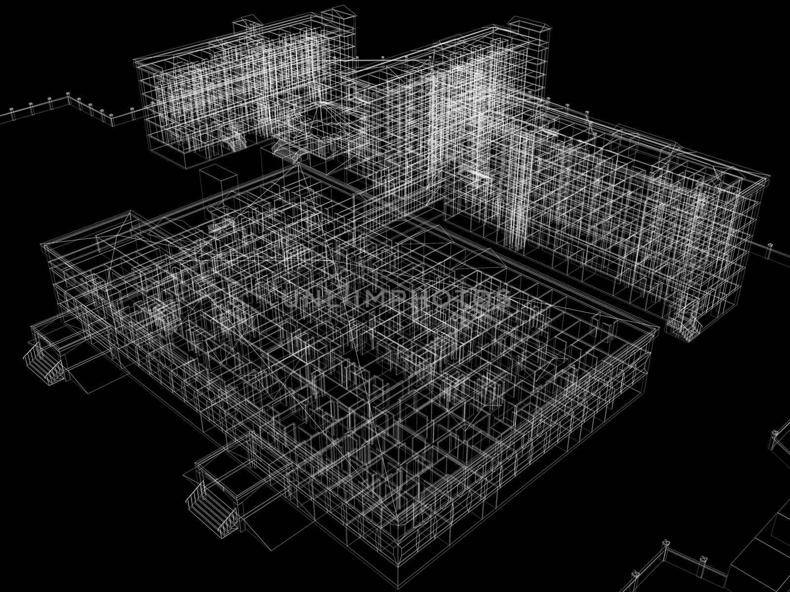 Abstract archticture. Wire-frame render on black background