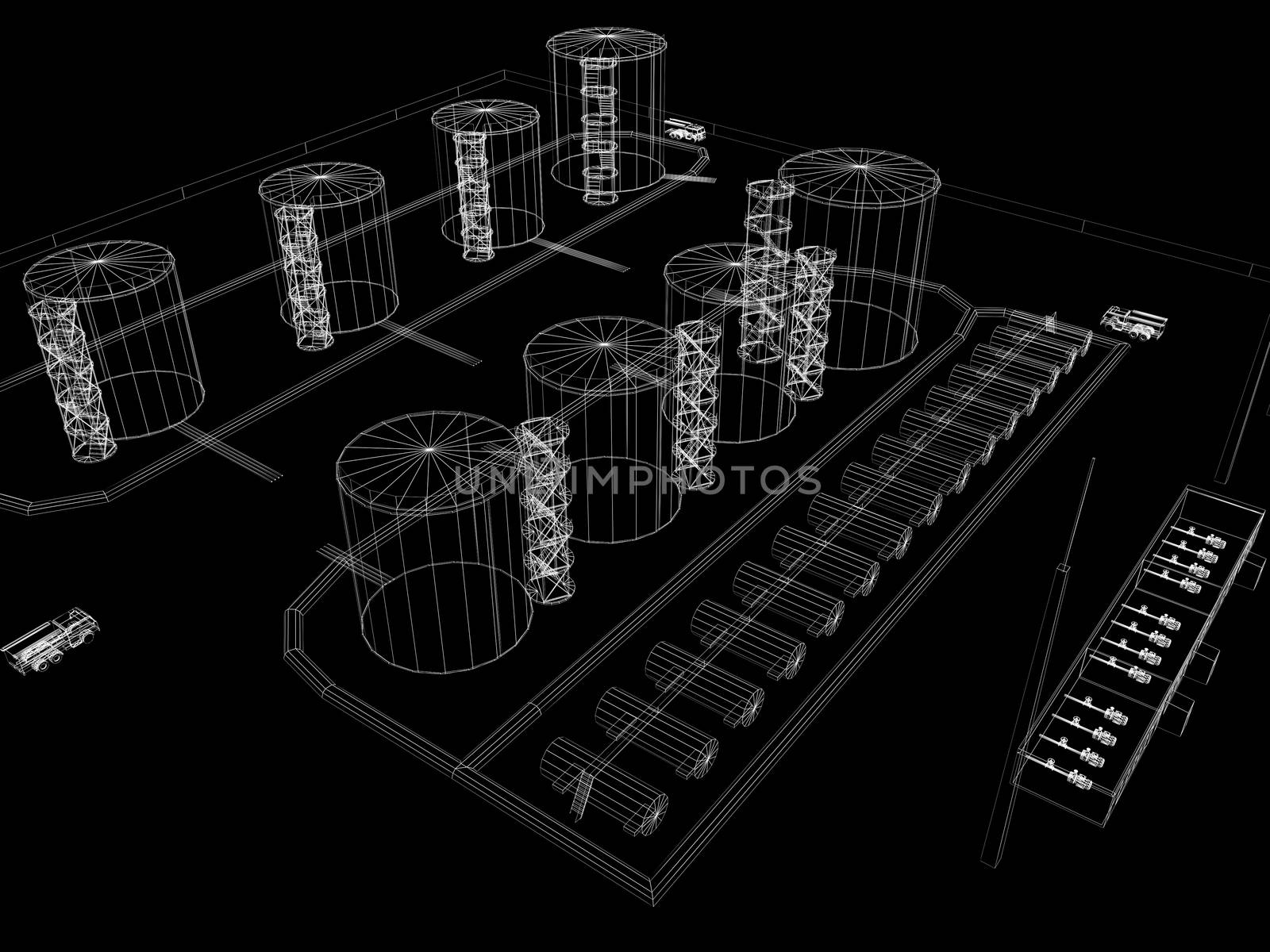 Industrial abstract architecture. Wire-frame isolated render on black background