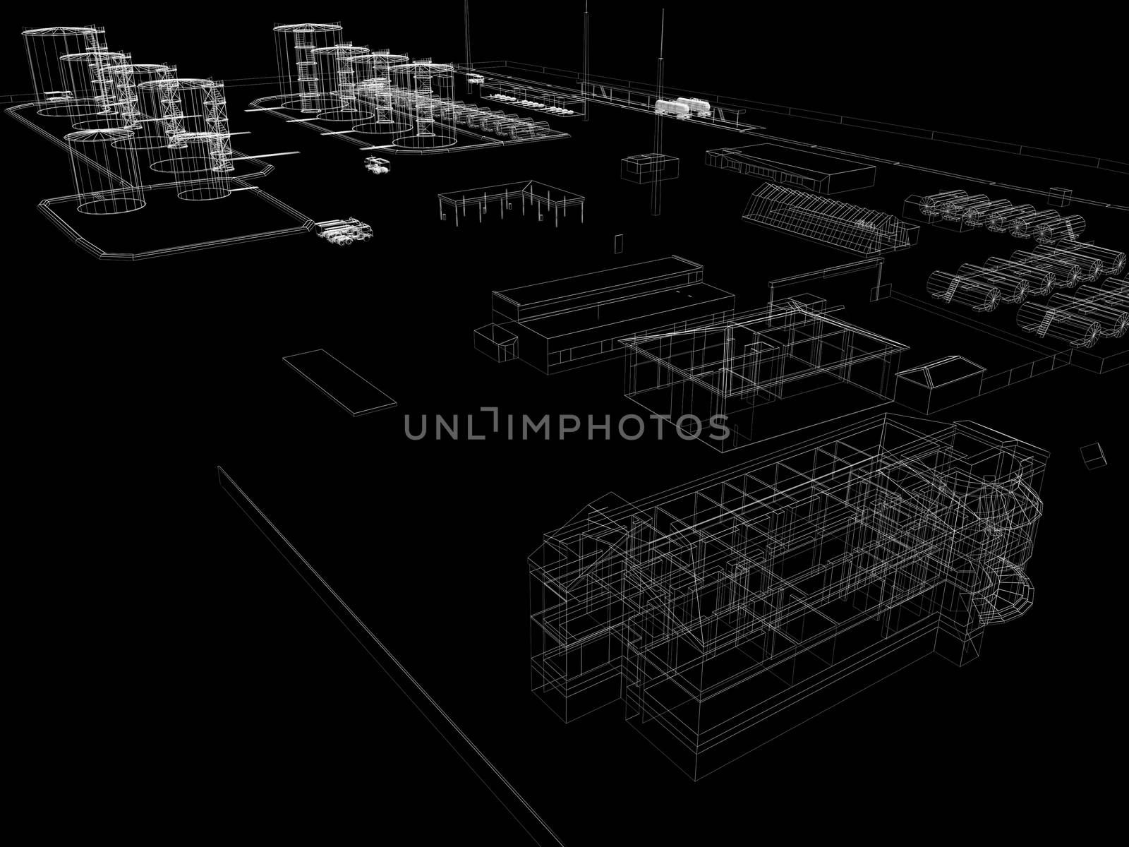 Industrial abstract architecture. Wire-frame isolated render on black background