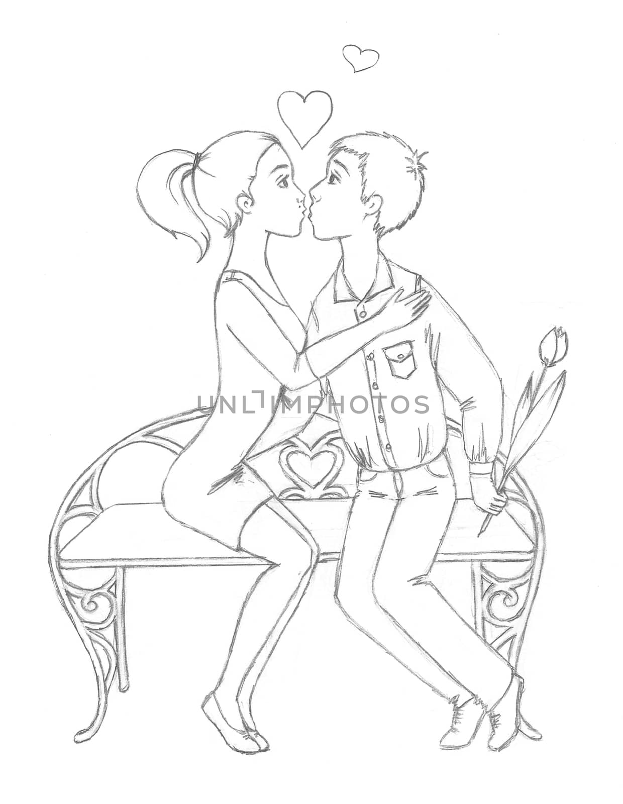 Loving couple kissing on a bench. Scanned sketch in pencil