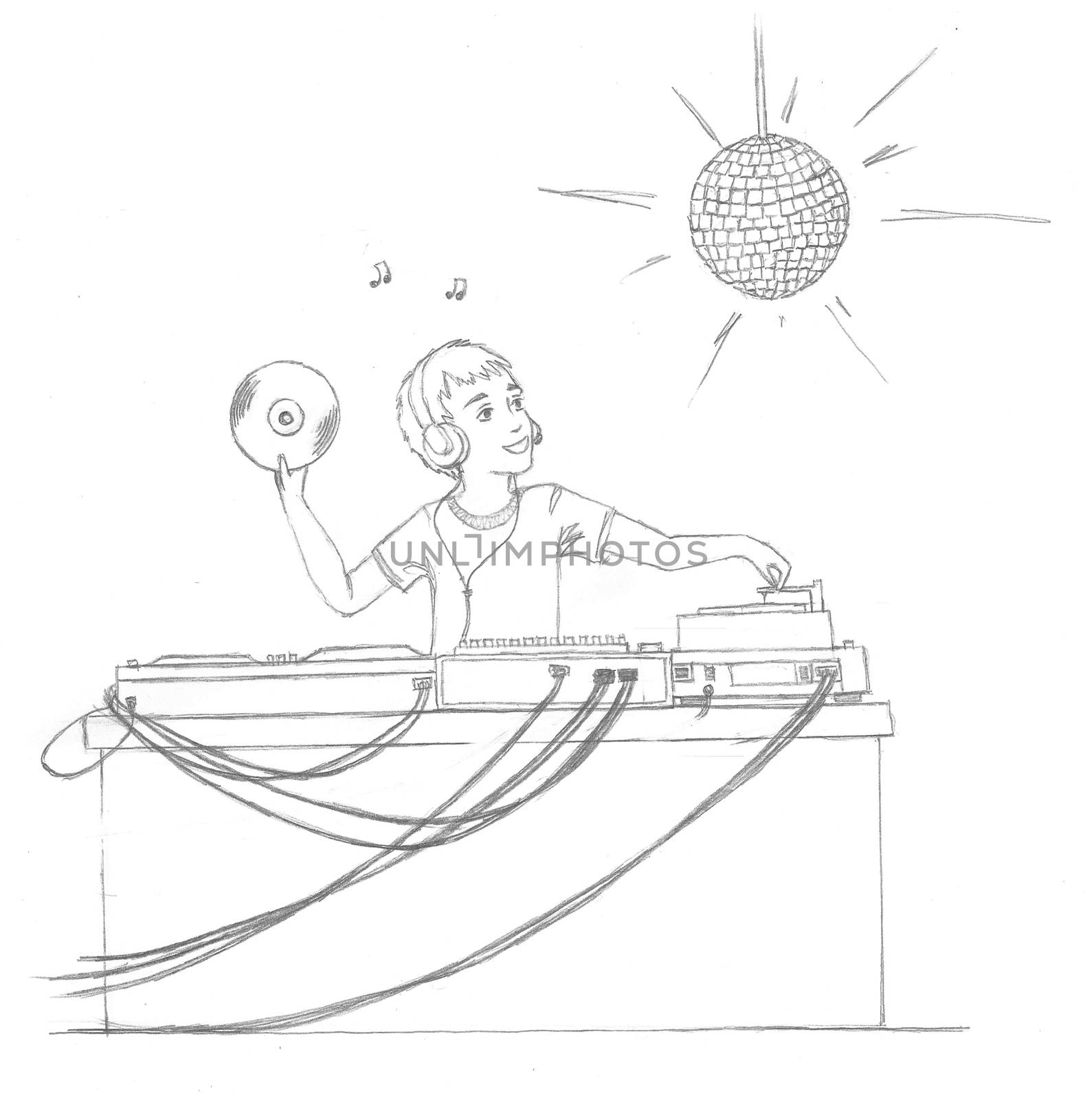 DJ music equipment for a party. Scanned sketch in pencil