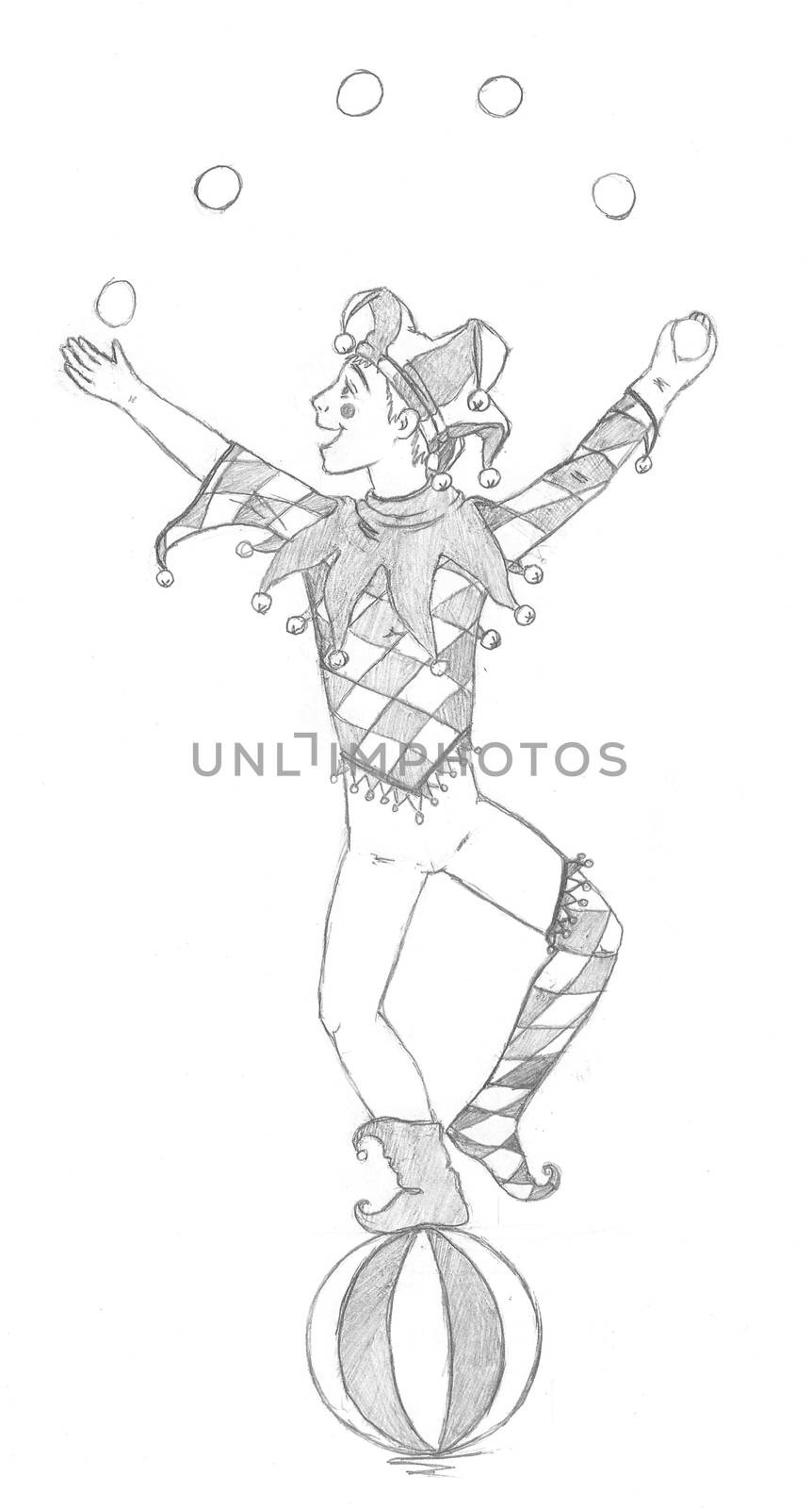 The clown in the circus juggling. Scanned sketch in pencil