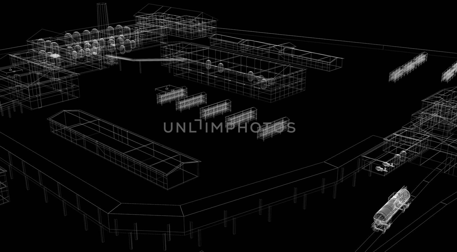 Industrial abstract architecture. Wire-frame isolated render on black background