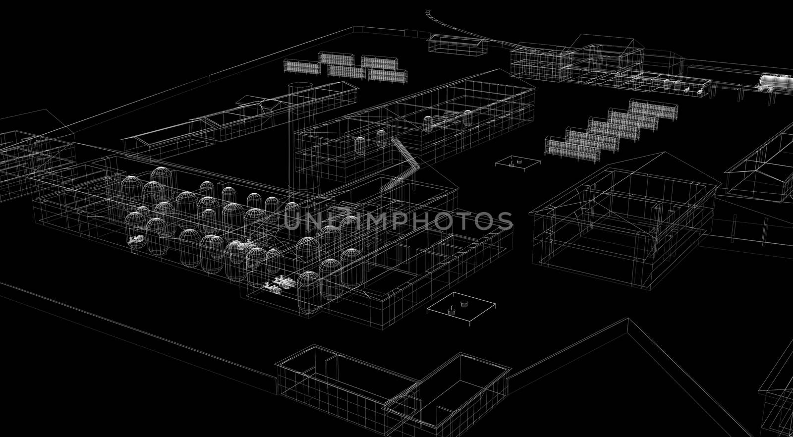 Industrial abstract architecture. Wire-frame isolated render on black background