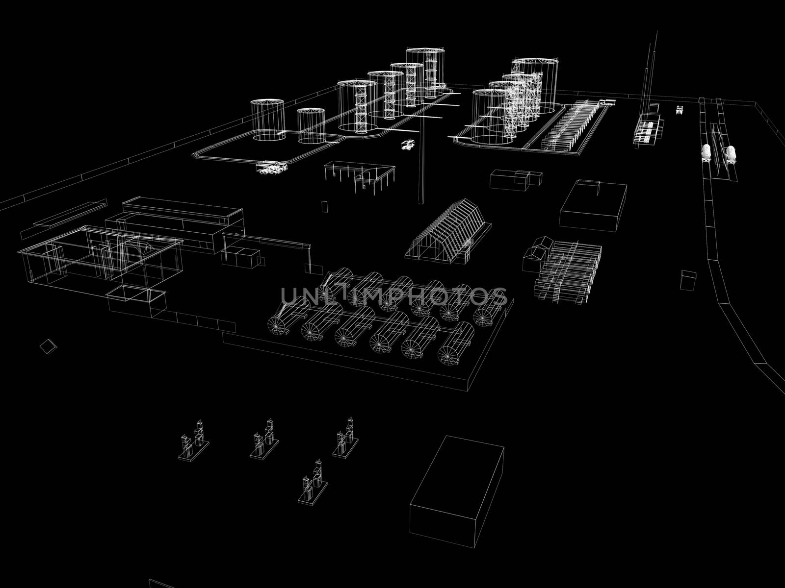 Industrial abstract architecture. Wire-frame isolated render on black background