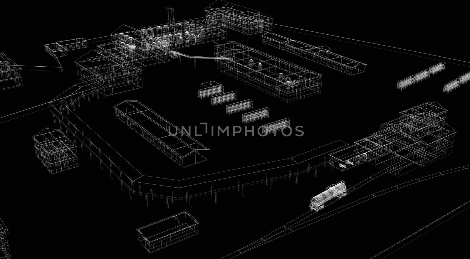 Industrial abstract architecture. Wire-frame isolated render on black background