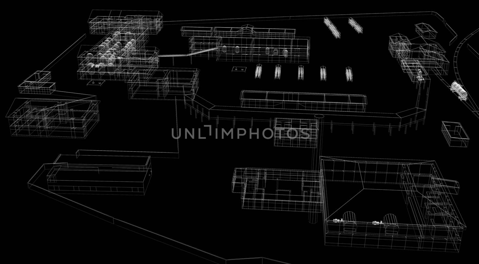 Industrial abstract architecture. Wire-frame isolated render on black background