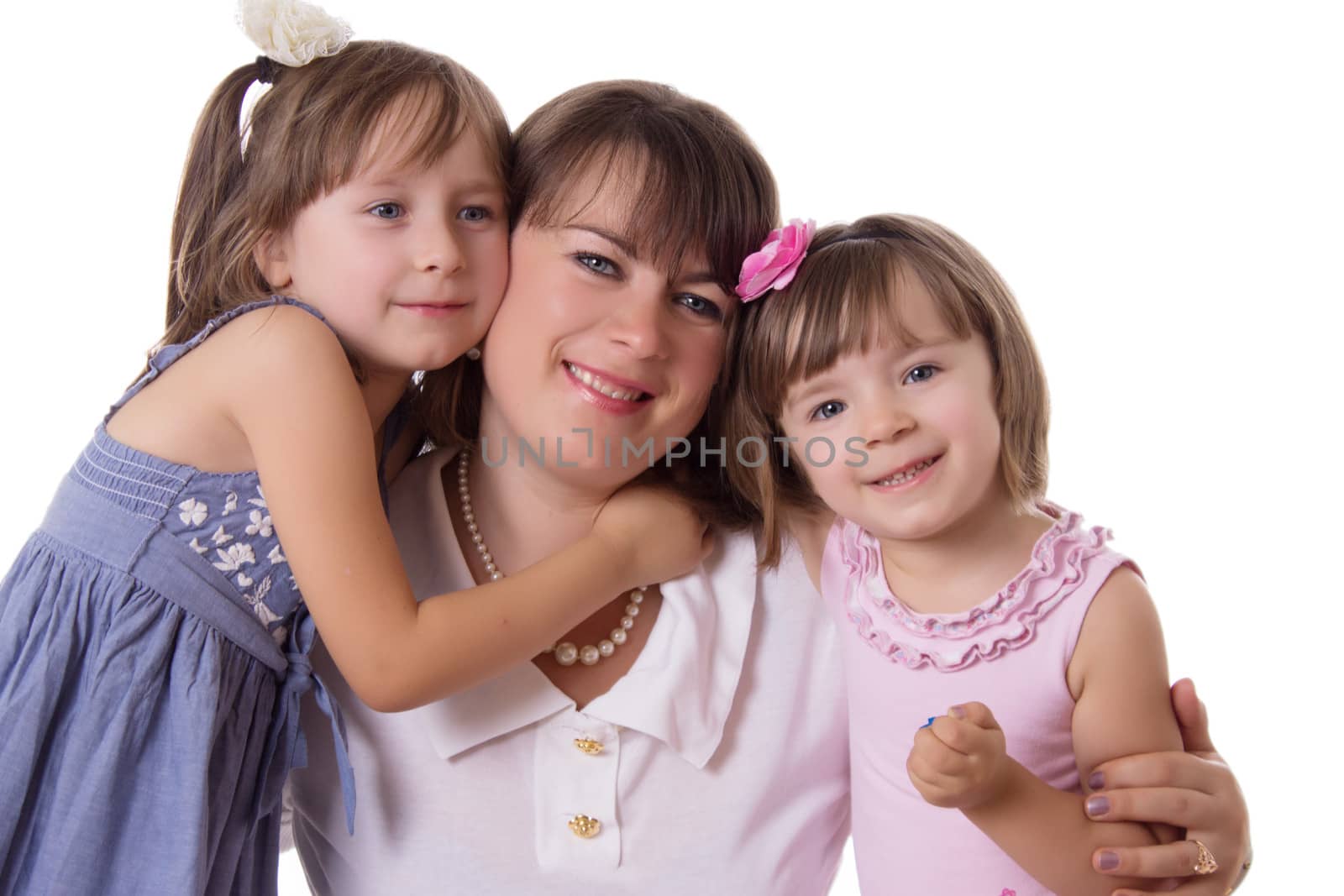 Happy mother with two little daughters isolated on white