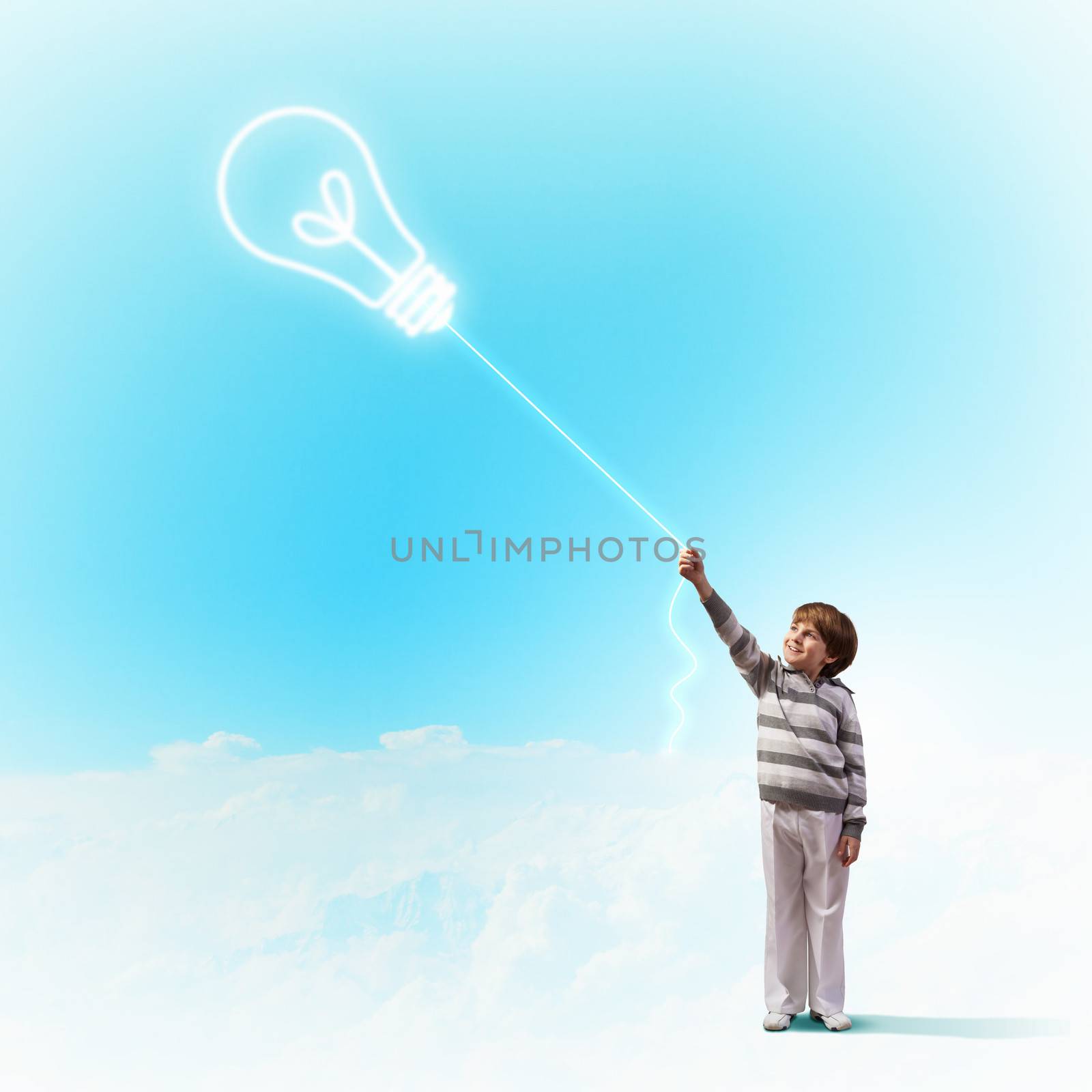 Image of little boy against cloud background. Idea concept