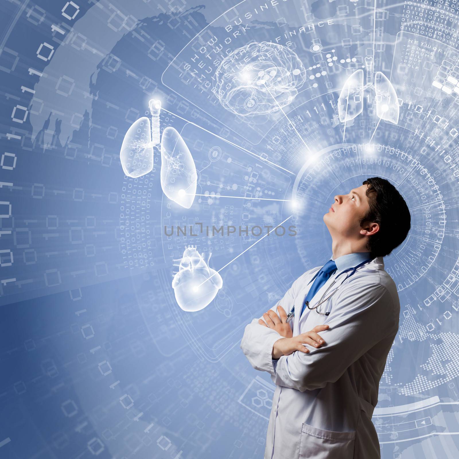 Young concentrated male doctor with arms crossed against digital background