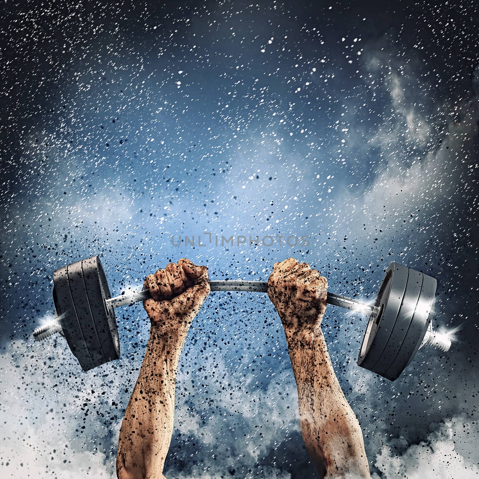 Human hands lifting barbell by sergey_nivens