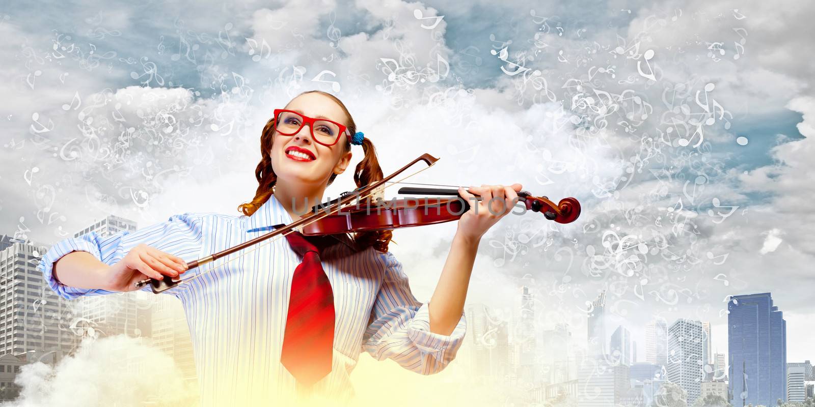 Image of young funny woman with violin against color background