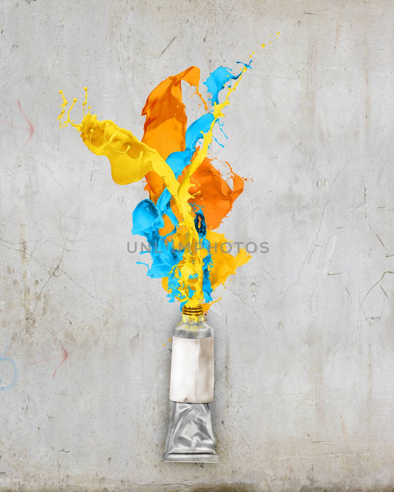 Image of paint tube with color splashes