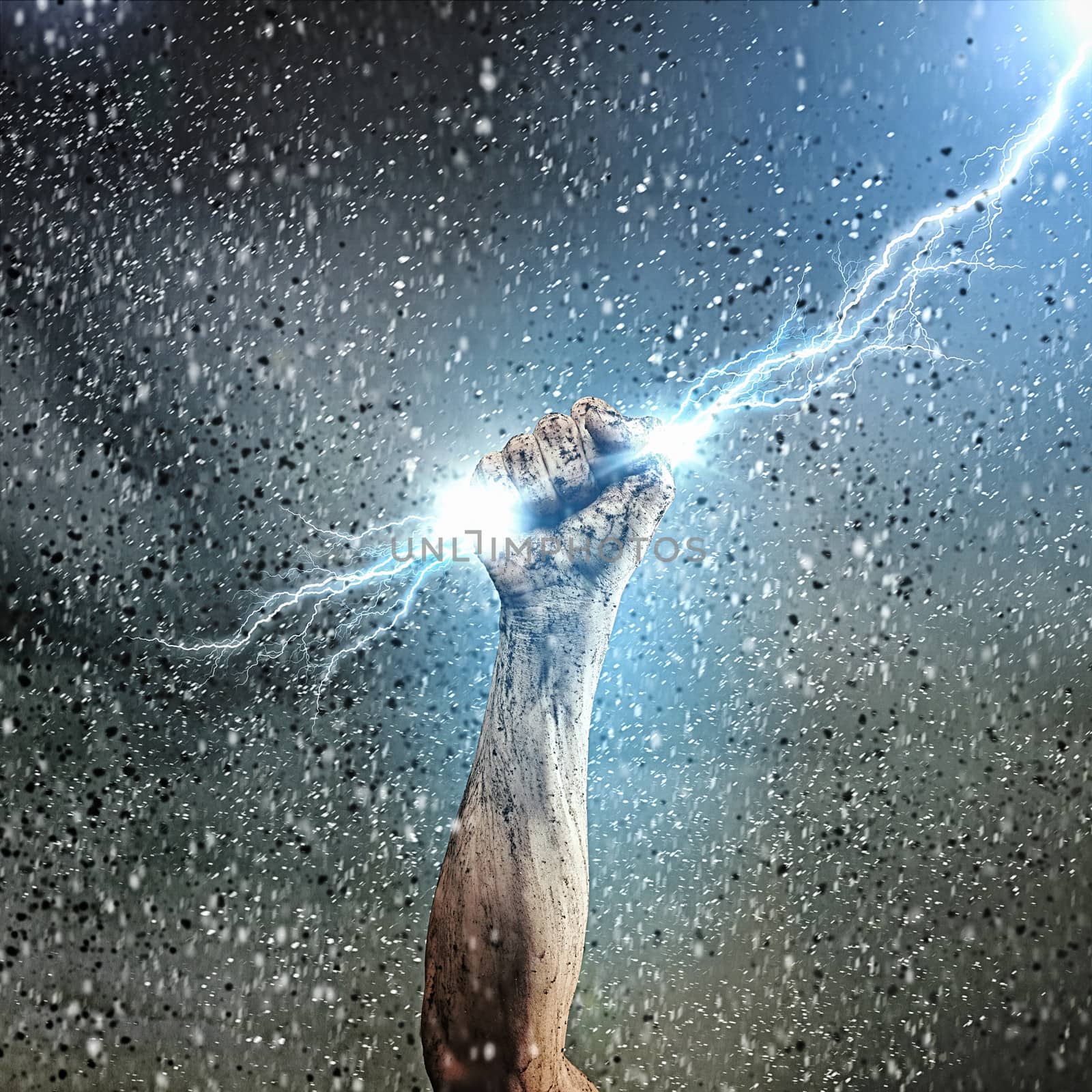 Human hand holding lightning by sergey_nivens