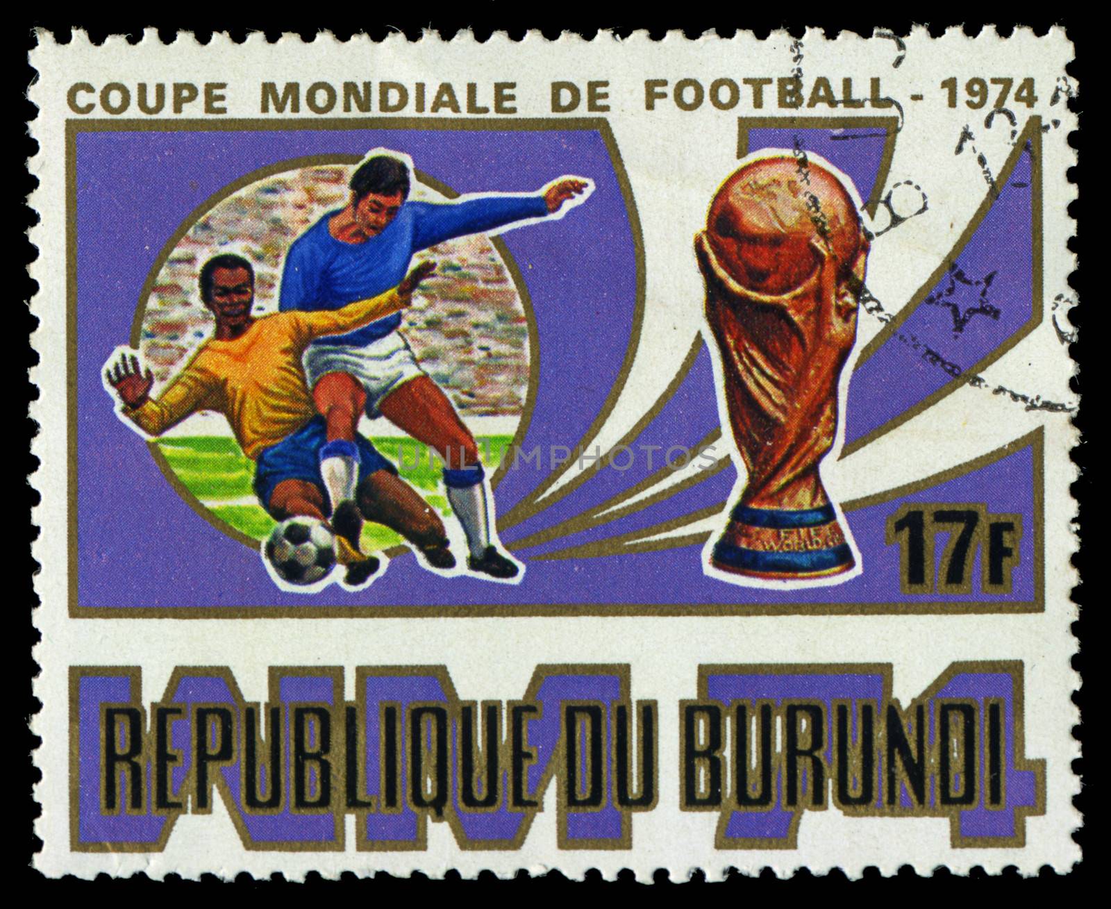 Republic of Burundi, - CIRCA 1974: A stamp printed by Burundi showing football players, circa 1974 by Zhukow