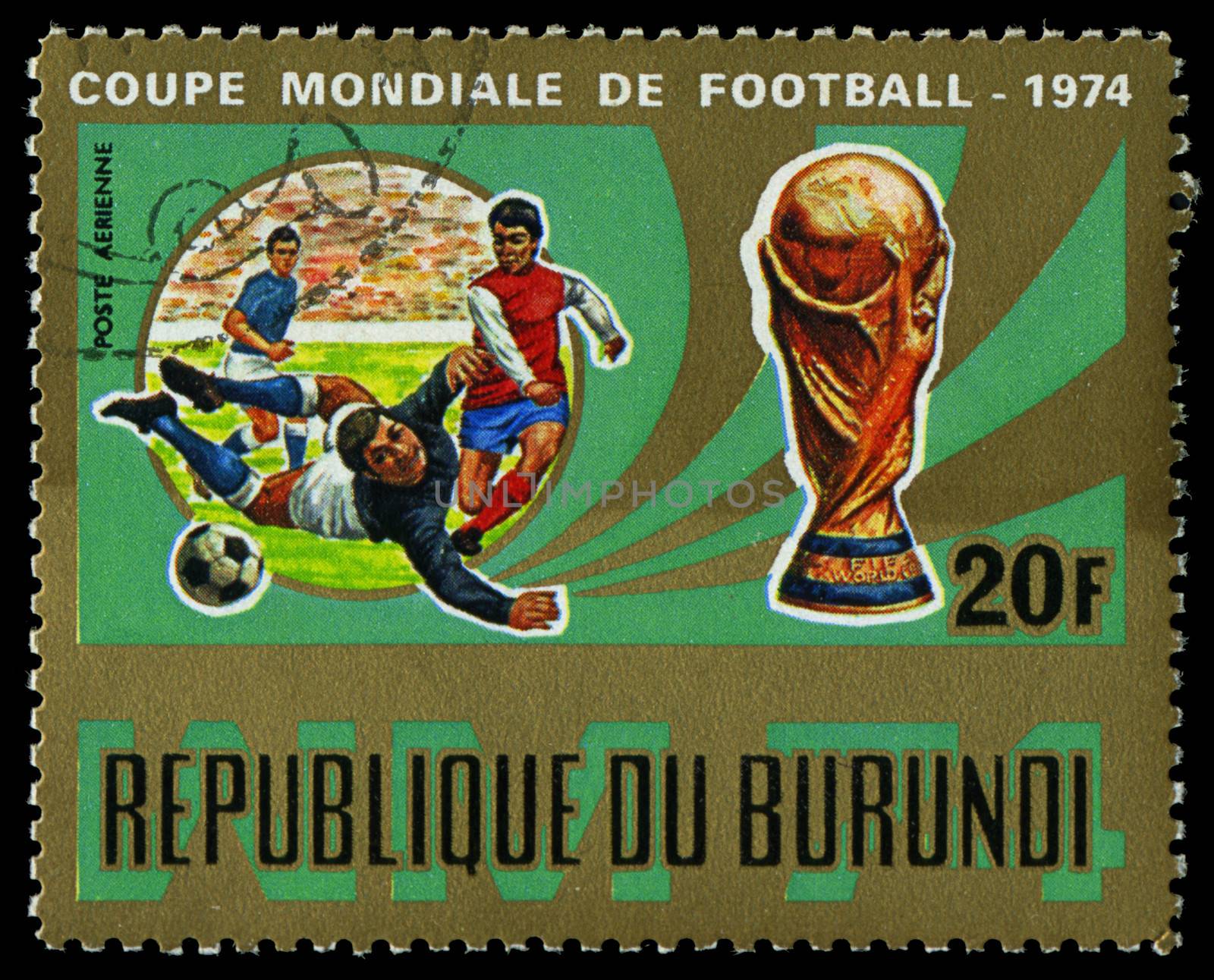 Republic of Burundi, - CIRCA 1974: A stamp printed by Burundi showing football players, circa 1974 by Zhukow