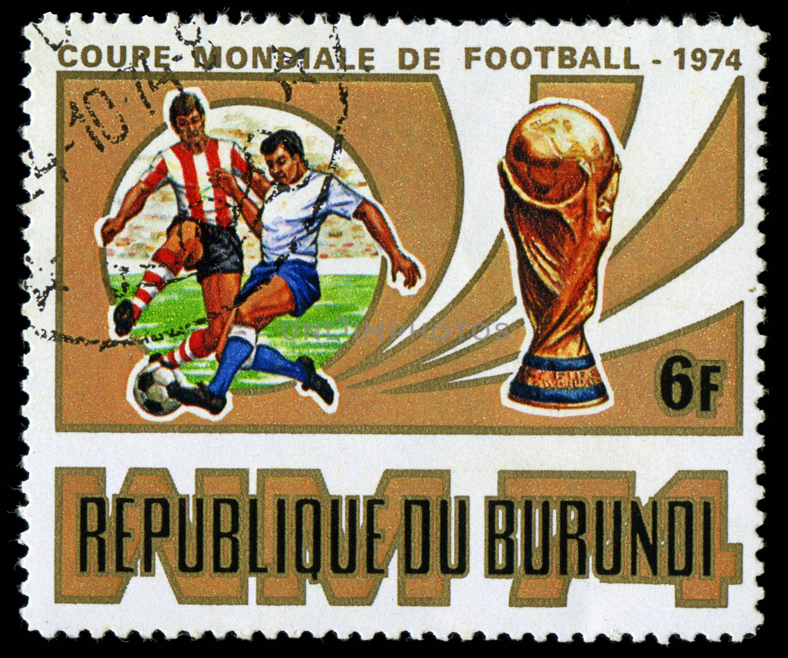 Republic of Burundi, - CIRCA 1974: A stamp printed by Burundi showing football players, circa 1974 by Zhukow