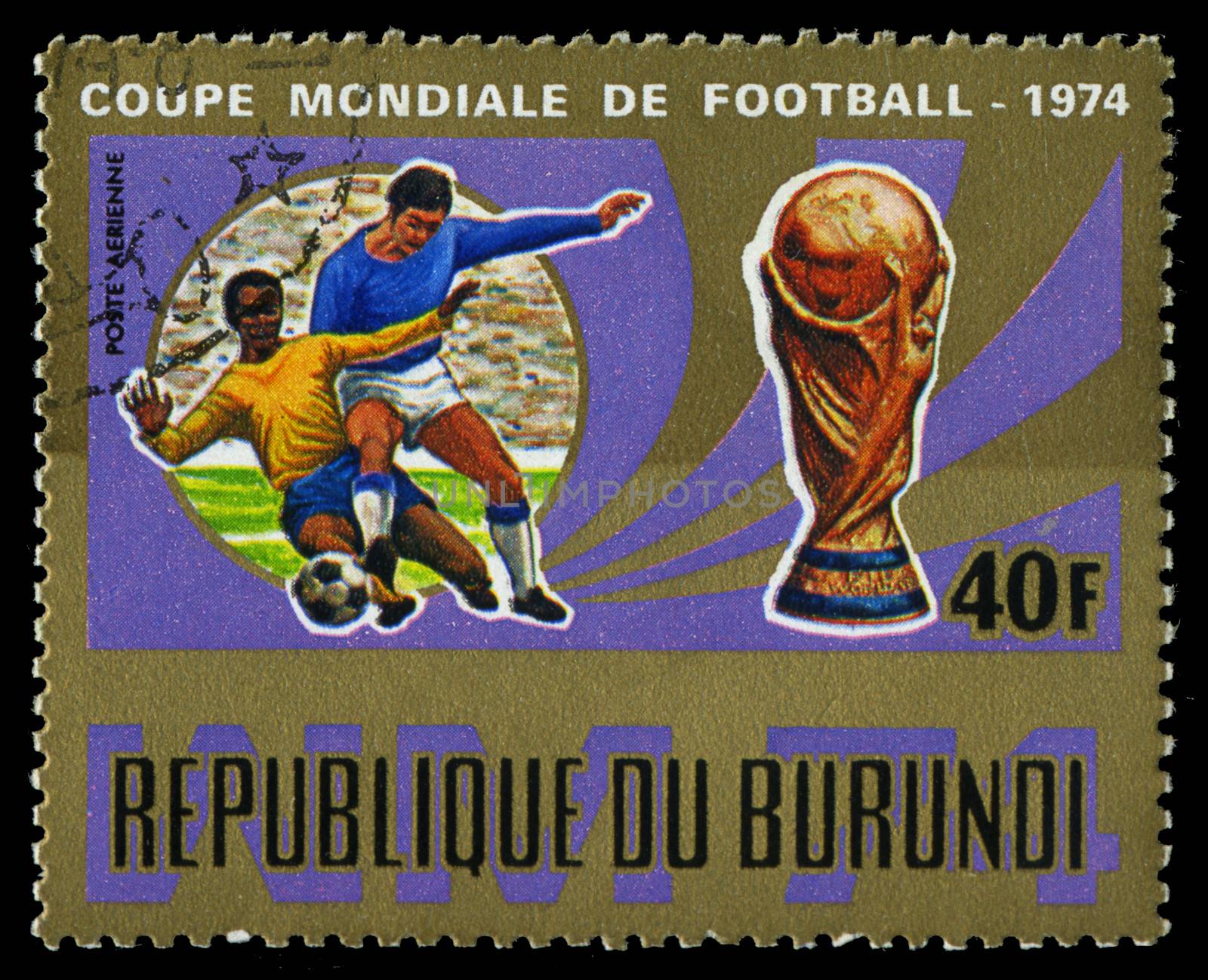 Republic of Burundi, - CIRCA 1974: A stamp printed by Burundi showing football players, circa 1974