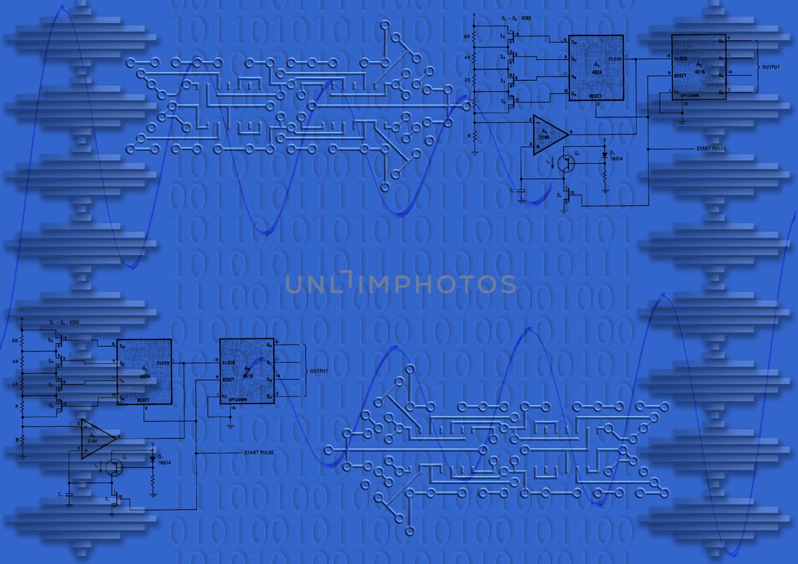 Blue circuit board arrows with binary numbers