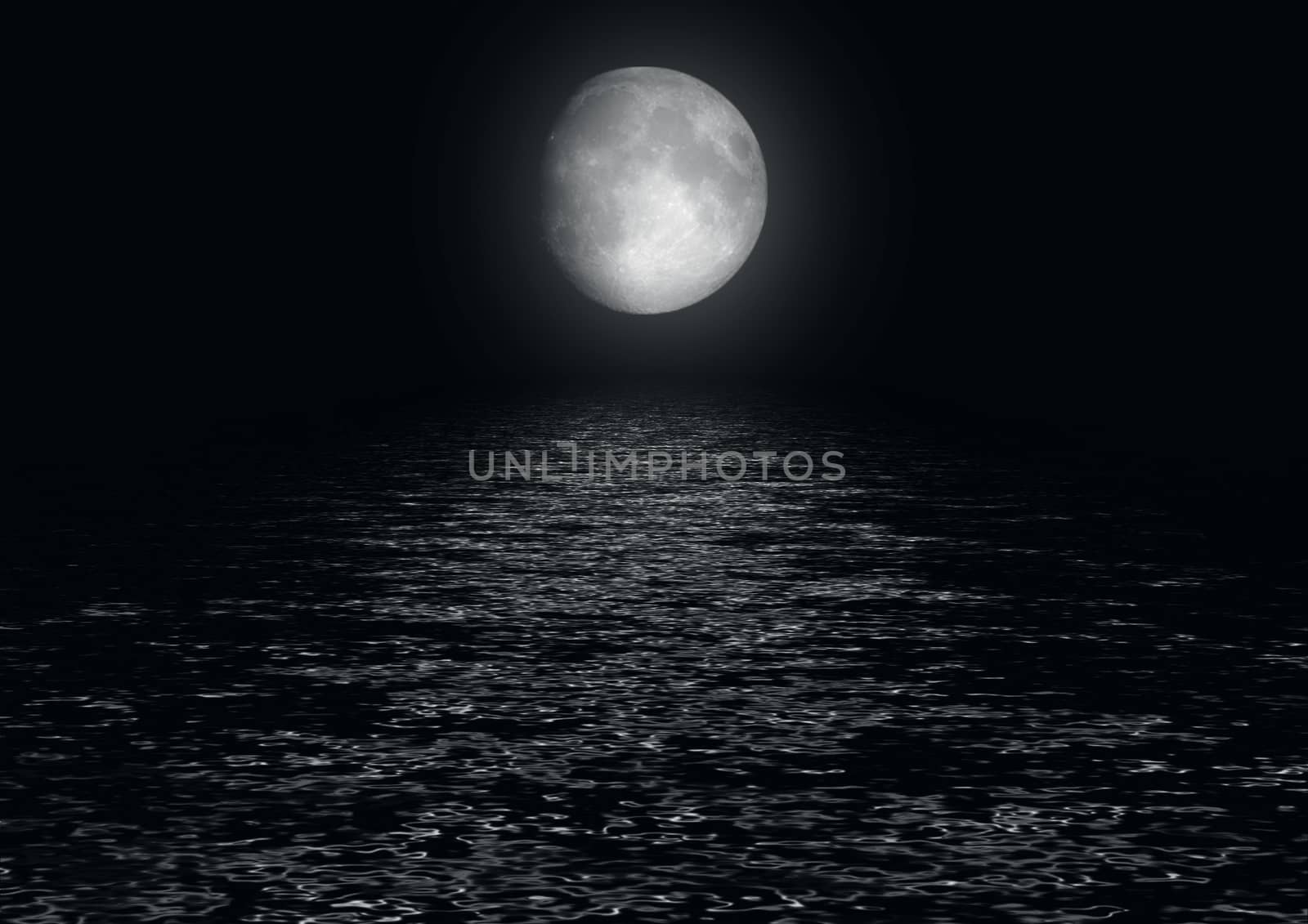 The full moon in the night sky reflected in water