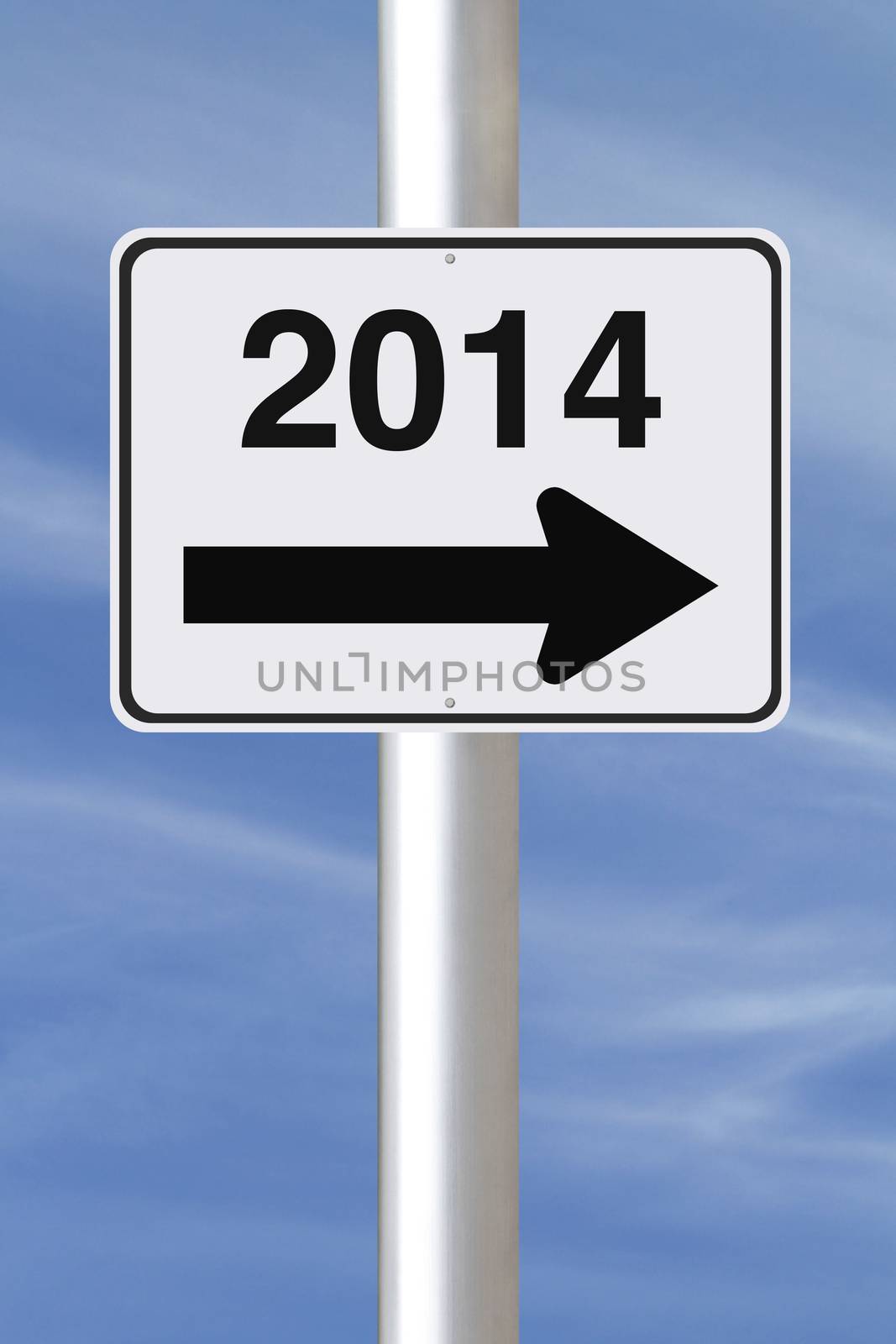 A modified one way street sign on the new year 2014