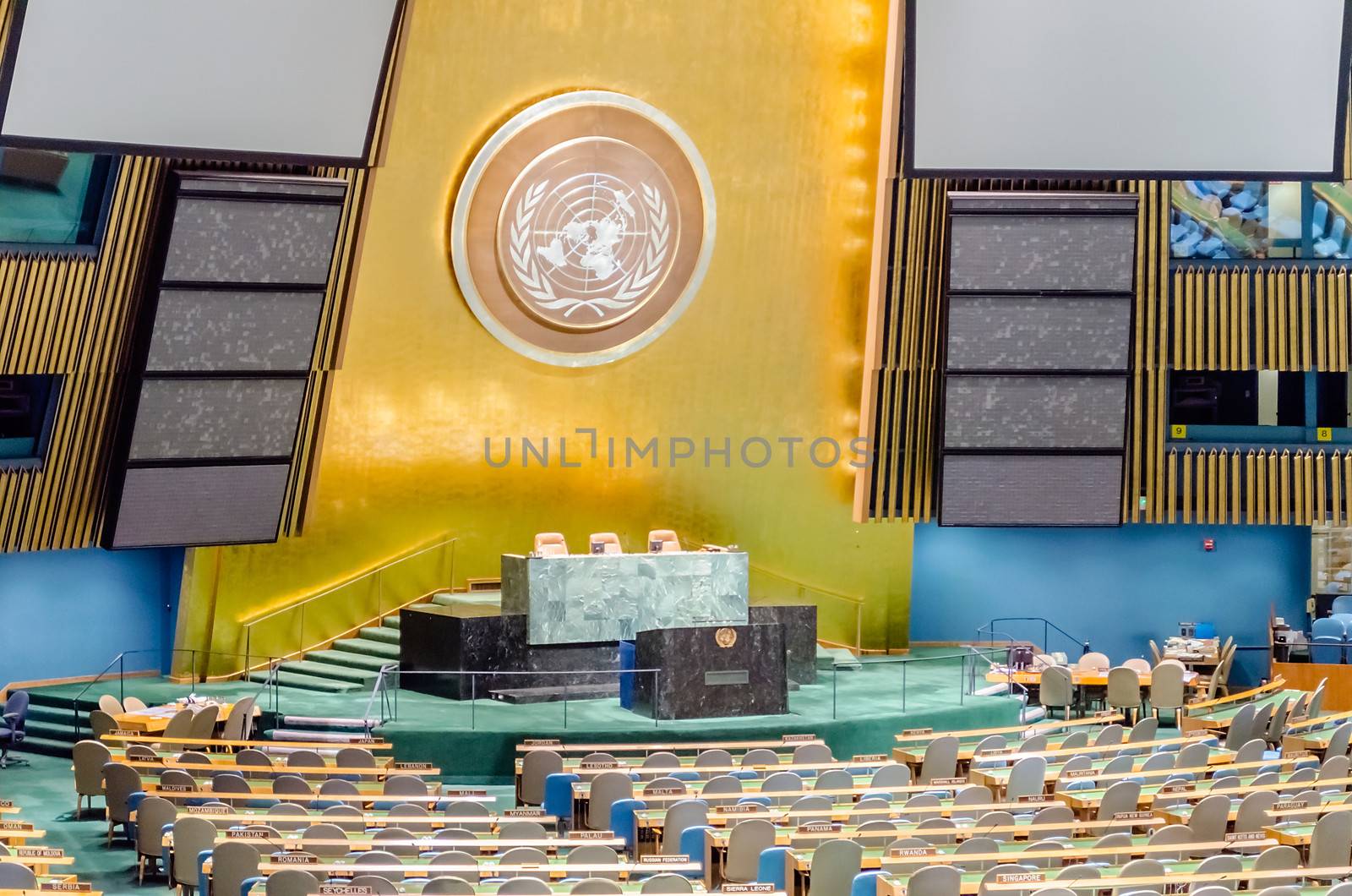 NEW YORK - MAY 28: The General Assembly Hall is the largest room in the United Nations with seating capacity for over 1,800 people. May 28, 2013 in Manhattan, New York City