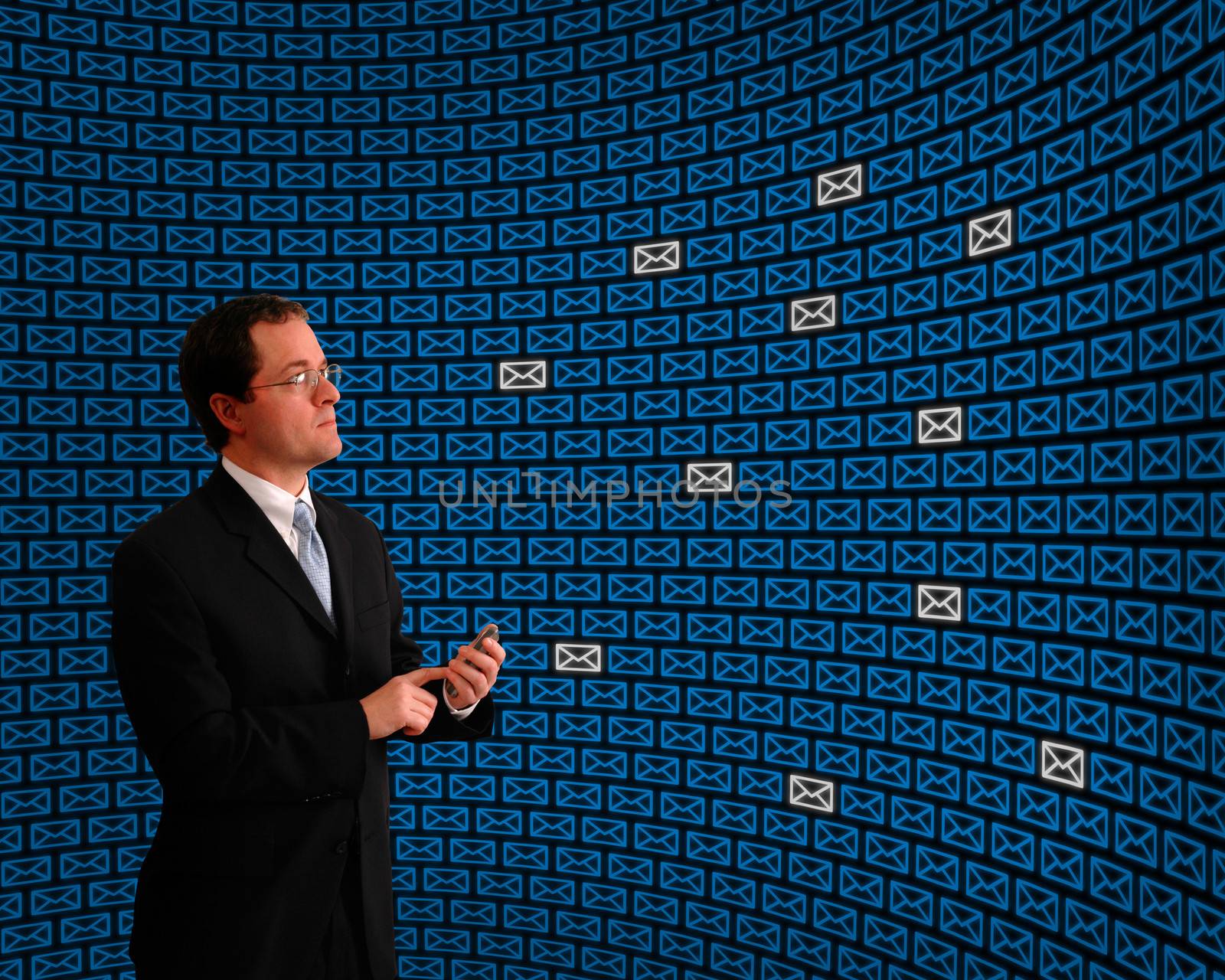 Man monitoring an array of email icons by Balefire9
