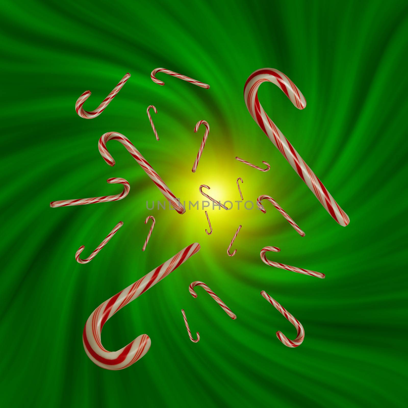 Candy canes floating in a green vortex