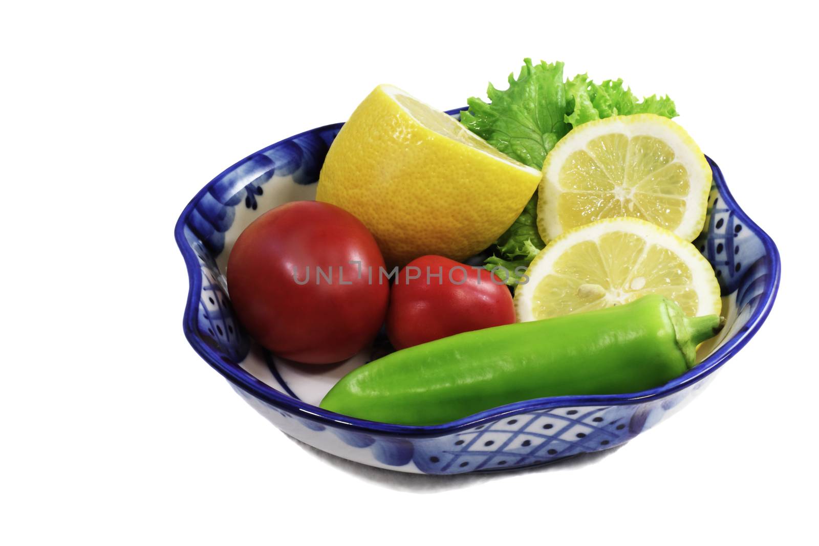 Vase with fruit and vegetables on a white background. by georgina198