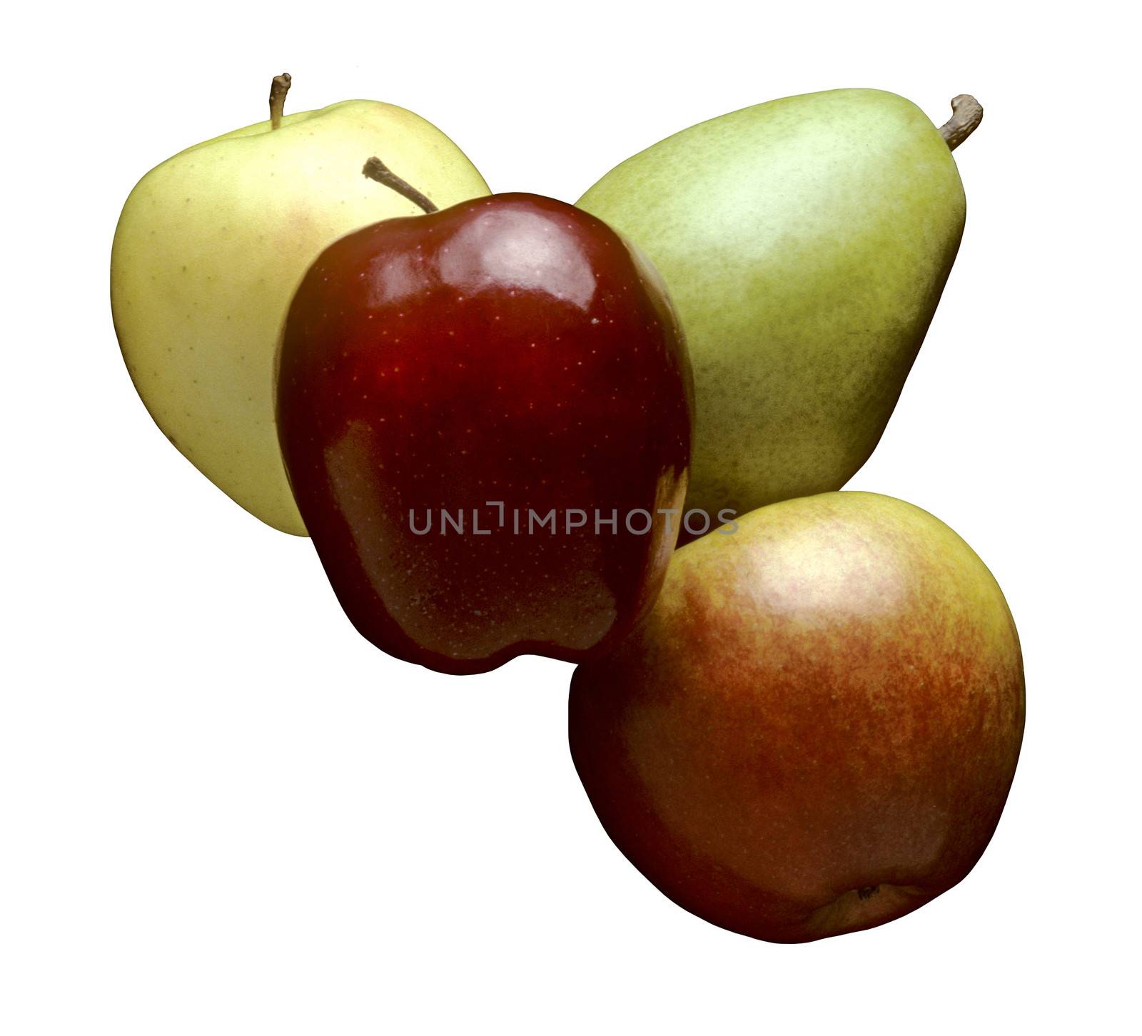 Three apples and a pear floating against white by Balefire9